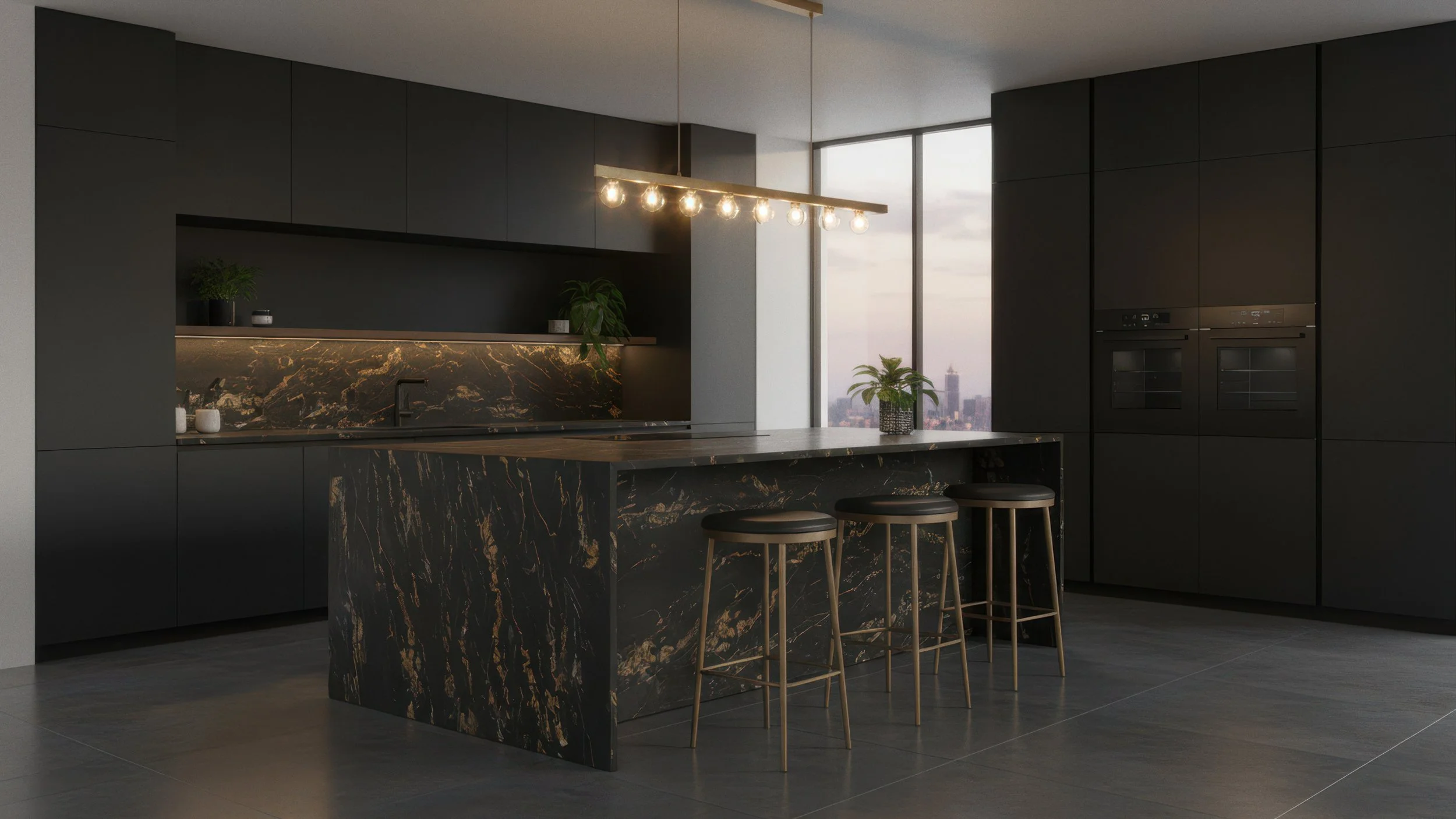 Modern Kitchen with Porcelain Slab Island using CIERO's Gold Damasgato