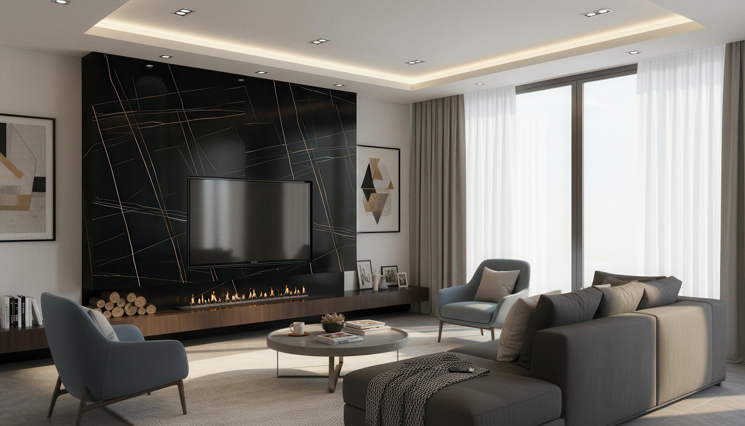 Modern Livingroom With Laurent Gilded Black 5x10 Porcelain Slab Fireplace Featurewall | CIERO INC