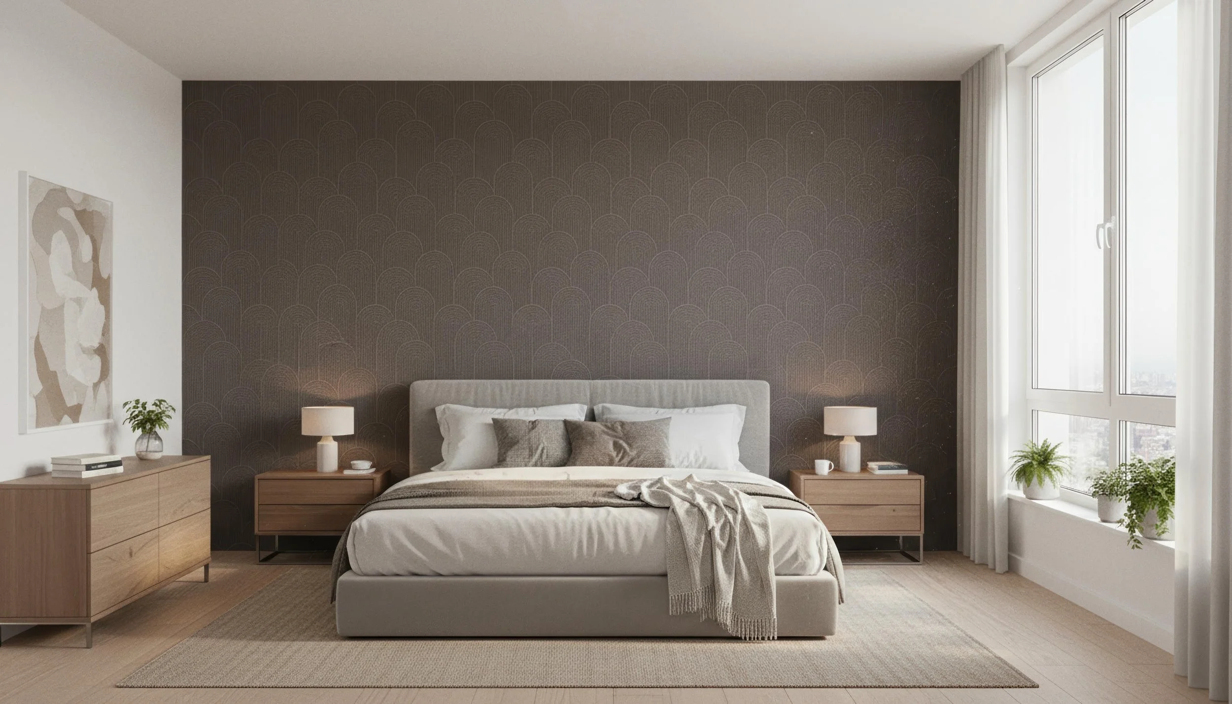 Modern Bedroom With Zen Crest Opal 80cm x 260cm Porcelain Slab Accent Wall | CIERO