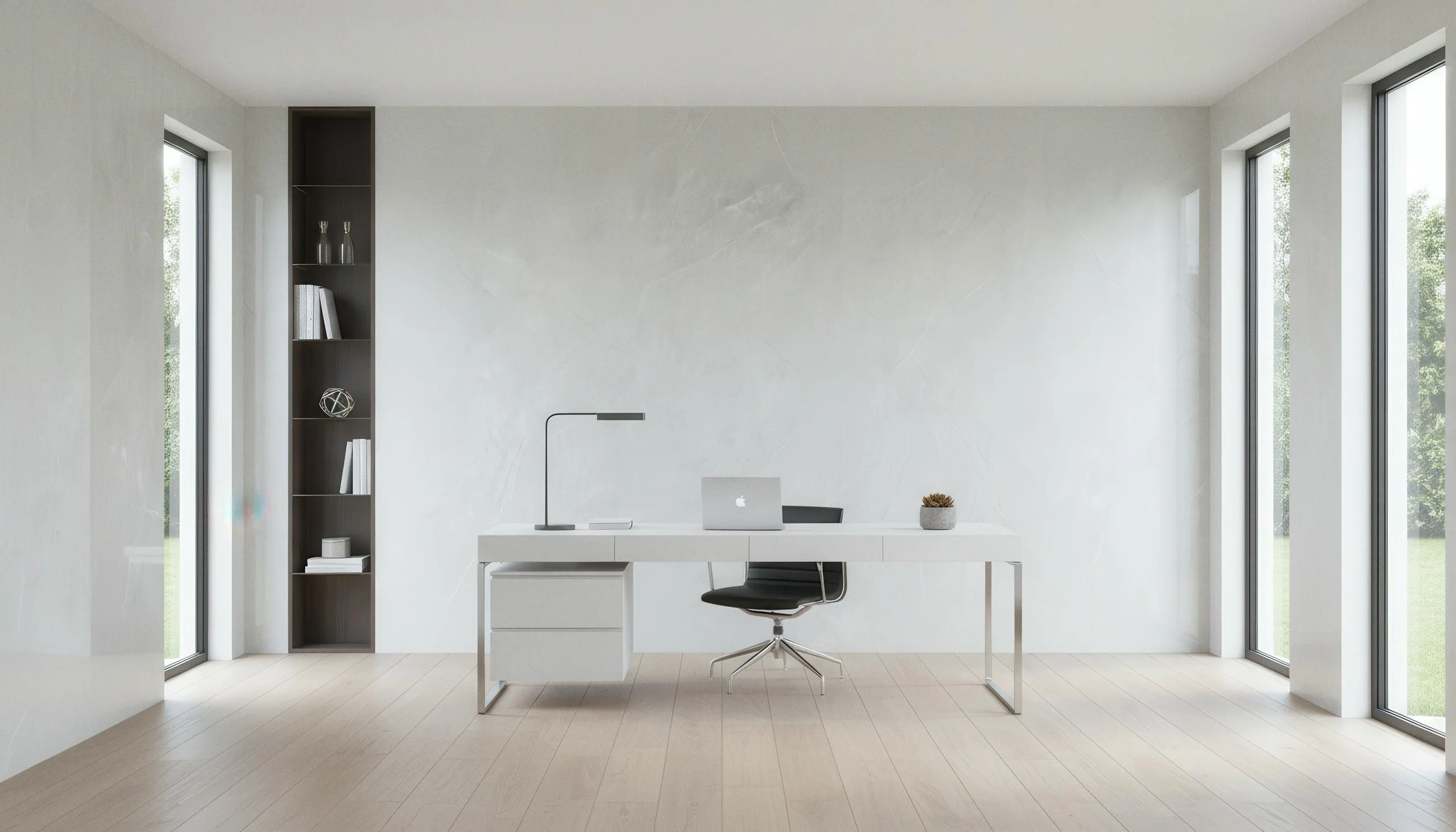 Modern Home Office With Ivory Limestone 4x9 Porcelain Slab Back Accent Wall  | CIERO