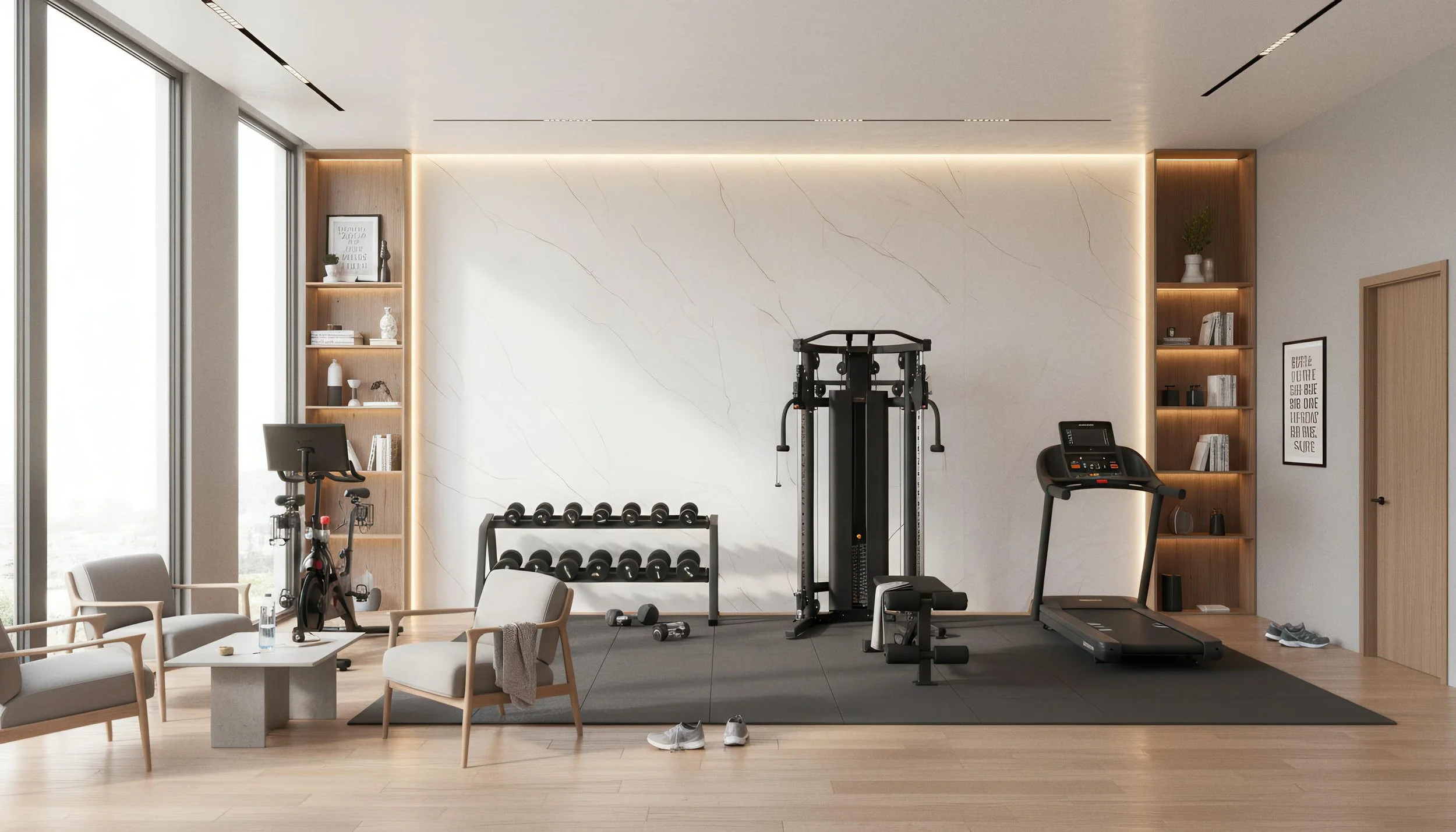 Modern Indoor Gym Setup With Hurricane Beige 4x8 Porcelain Slab Accent Wall | CIERO