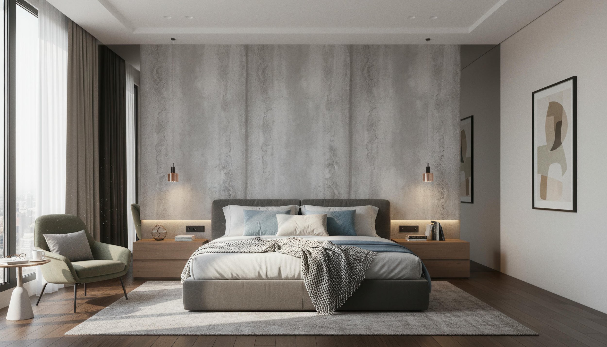 Modern Bedroom With Titanium Silver 5x10 Porcelain Slab Accent Wall | CIERO