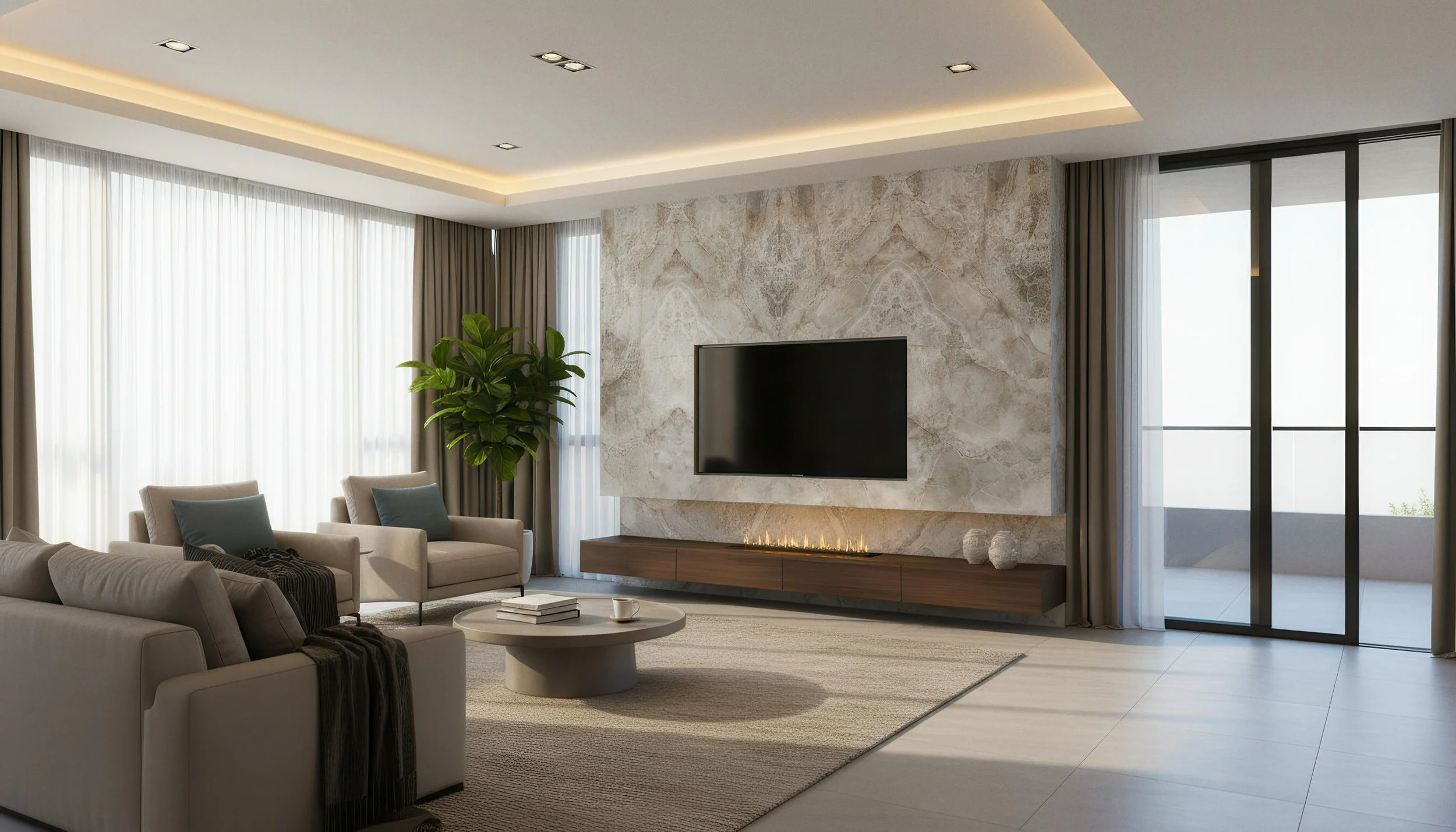 Modern Livingroom with Diamond Beige 4x9 Porcelain Slab fireplace Featurewall | CIERO