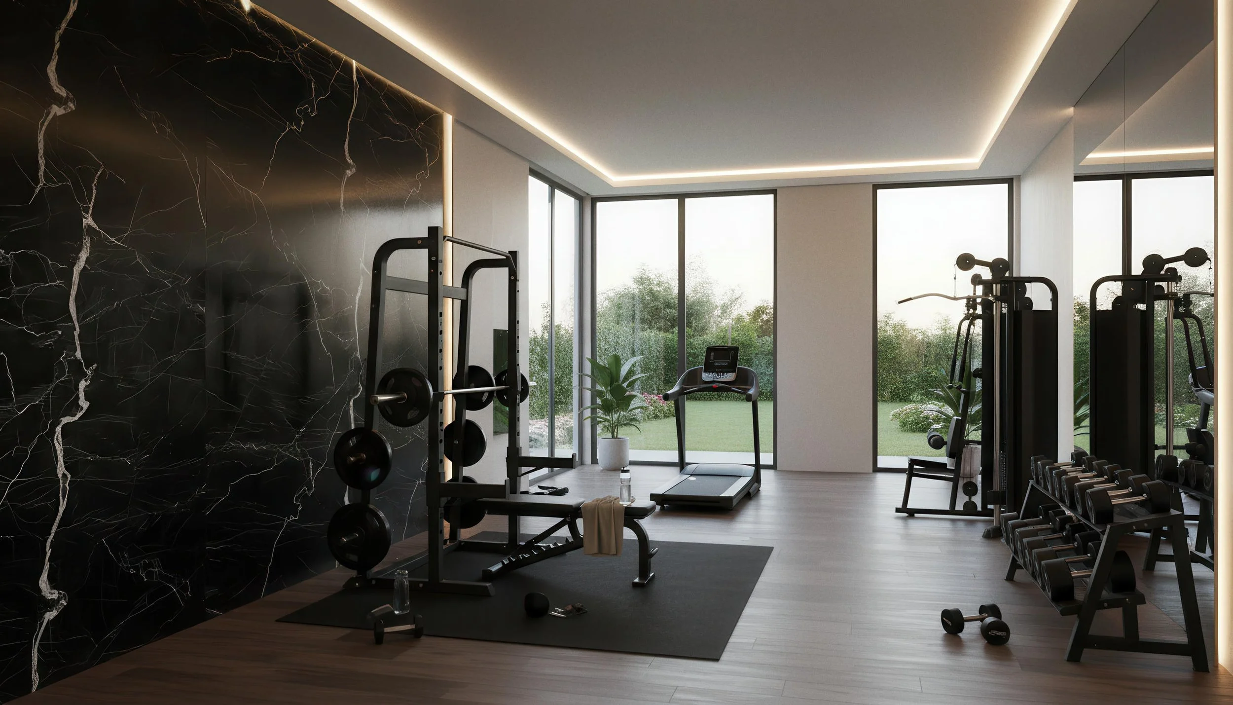 Modern Home Gym Setup With Ararat Lightning Black 4x9 & 5x10 Porcelain Slab Feature Wall | CIERO INC