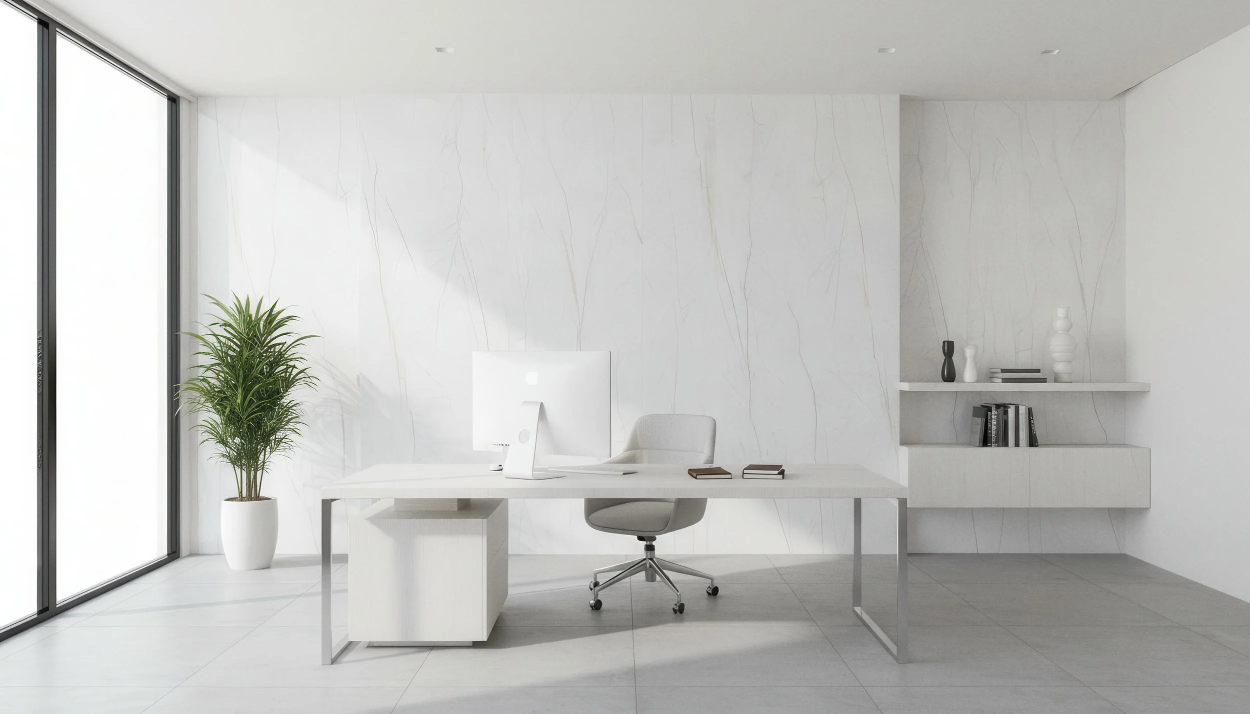 Modern Home Office With Statuario Pearl 4x9 Porcelain Slab Accent Wall | CIERO