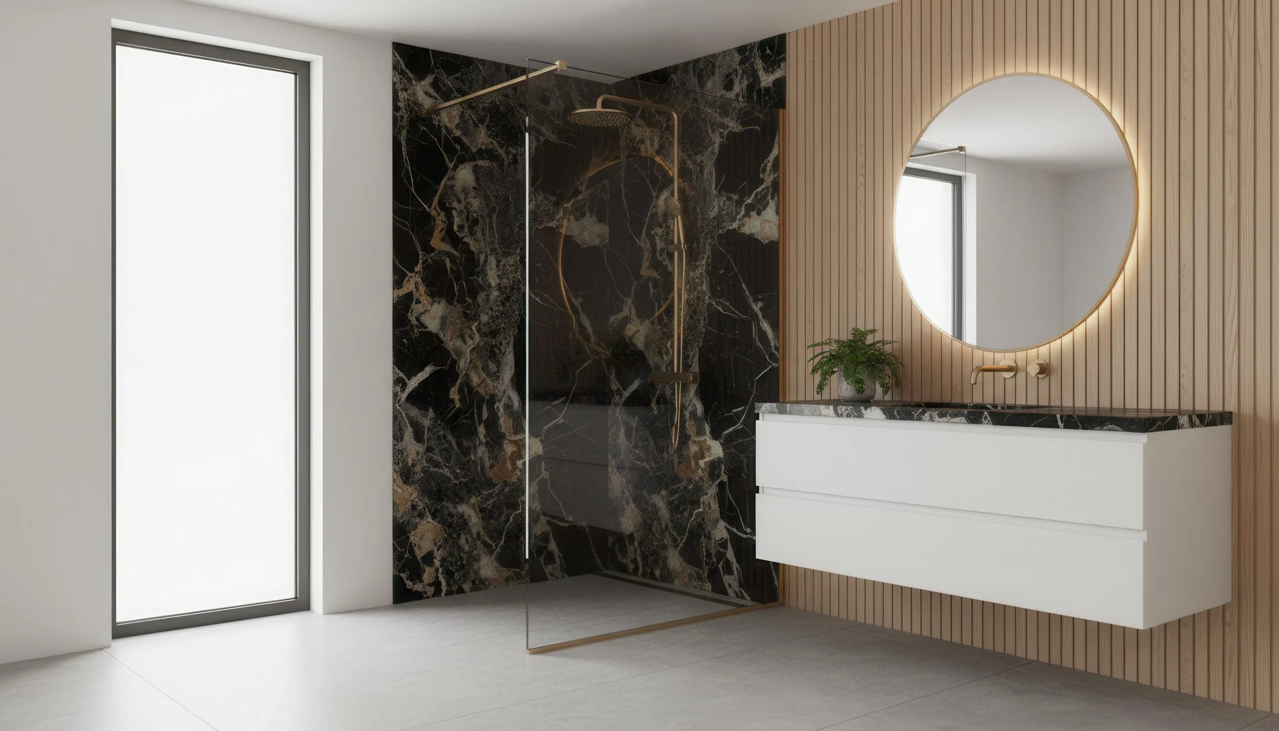 Modern Bathroom With Ankara Golden 5x10 Porcelain Slab Shower Wall | CIERO