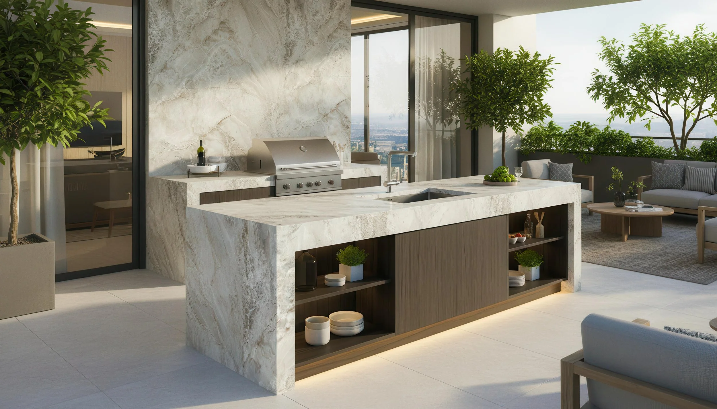 Modern Outdoor Kitchen with Diamond Beige 4x9 Porcelain Slab Island | CIERO