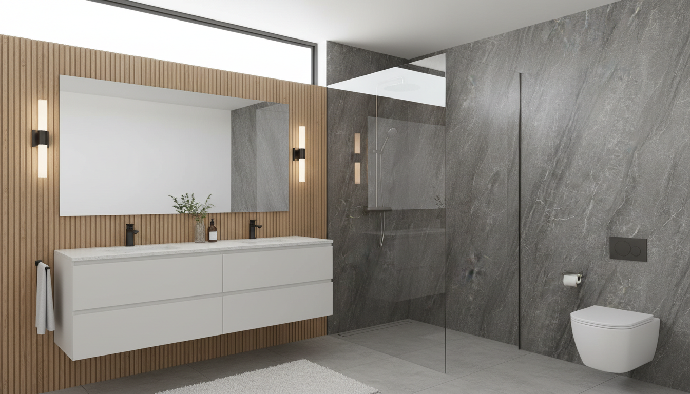 Modern bathroom with Calacatta Storm 4x10 Porcelain Slabs Shower Wall | CIERO