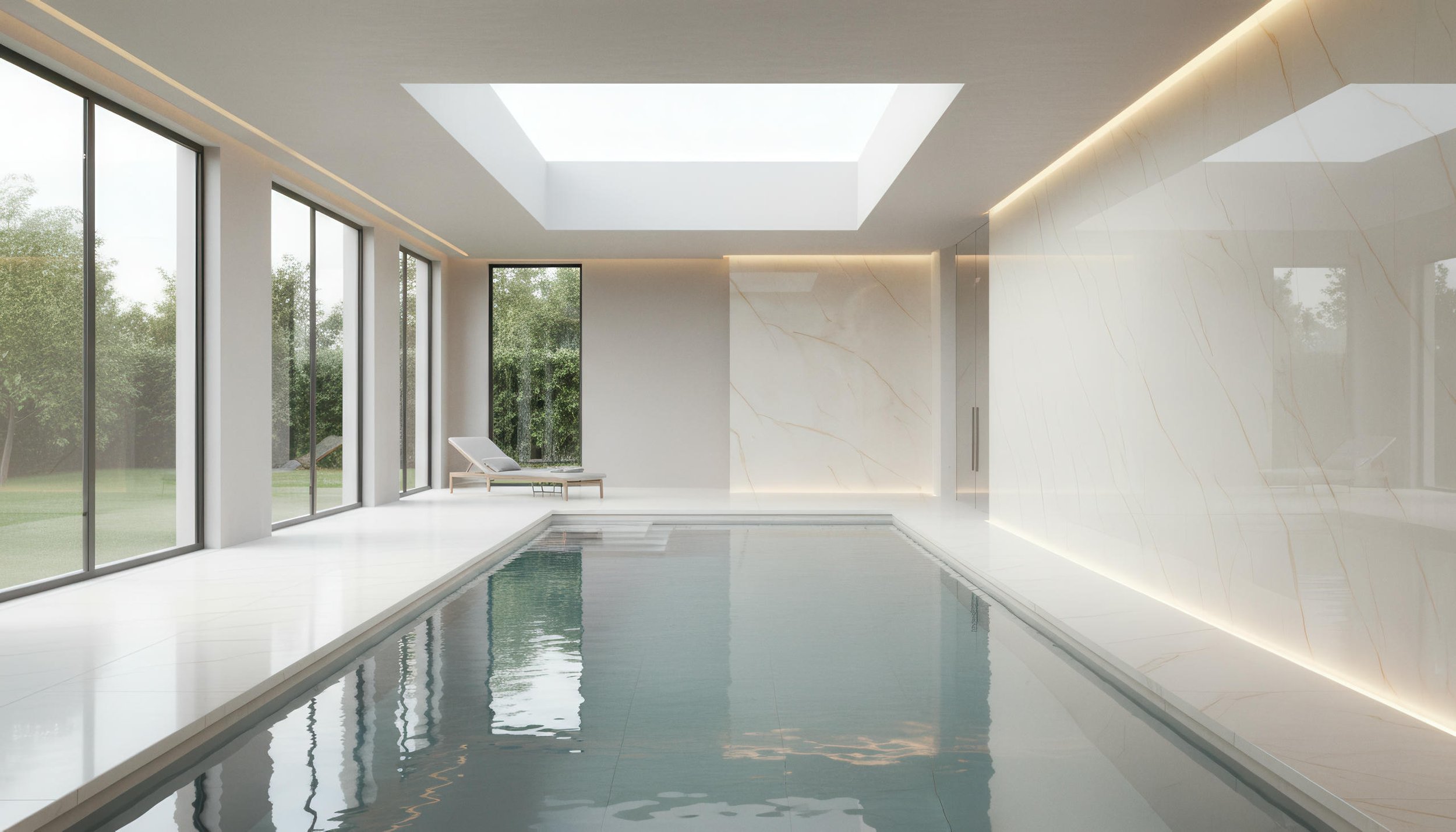 Modern Swimming Pool With Ice Crystal 4x8 Porcelain Slab Accents | CIERO