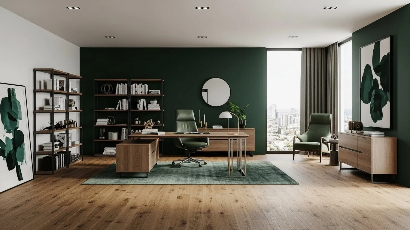 Large Condo Office with engineered wood flooring and dark green accents
