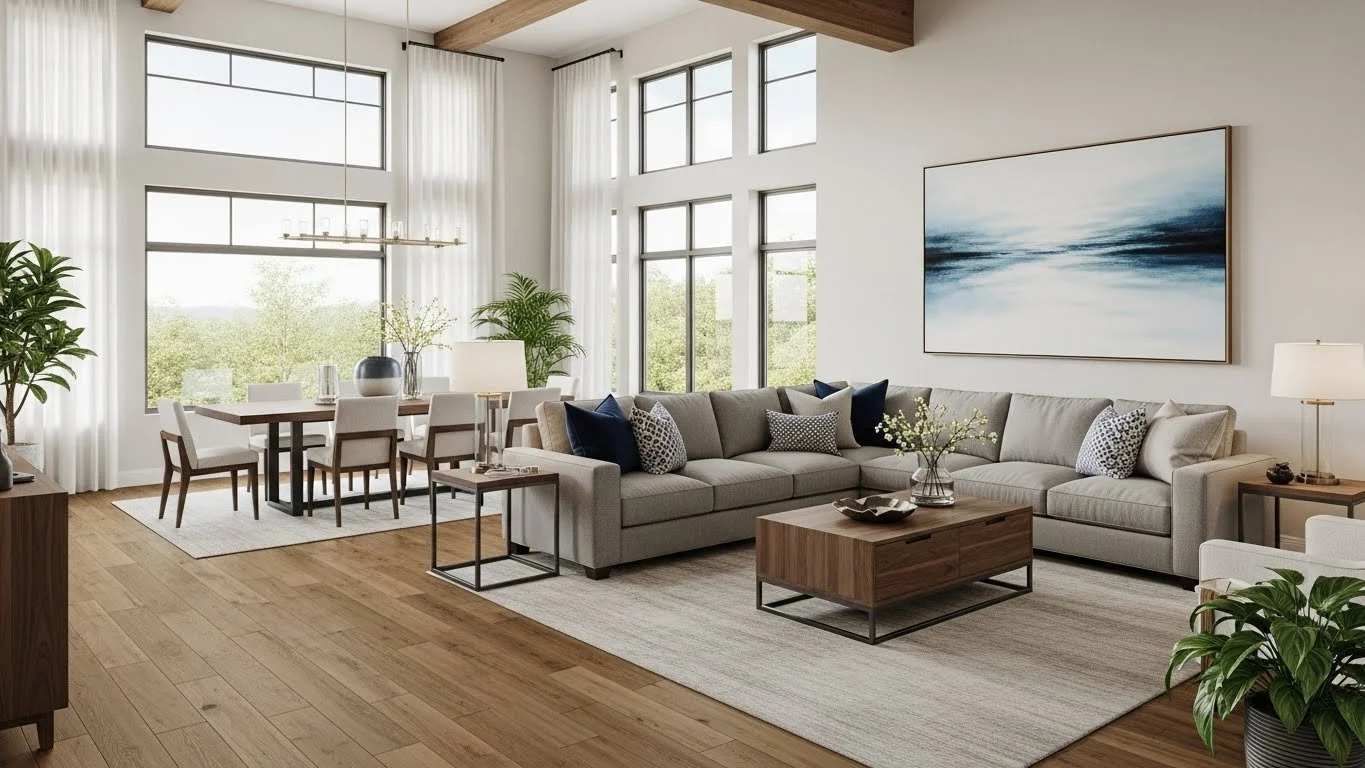 Modern Open Livingroom With Warm Grey Tones And Engineered Wood Flooring