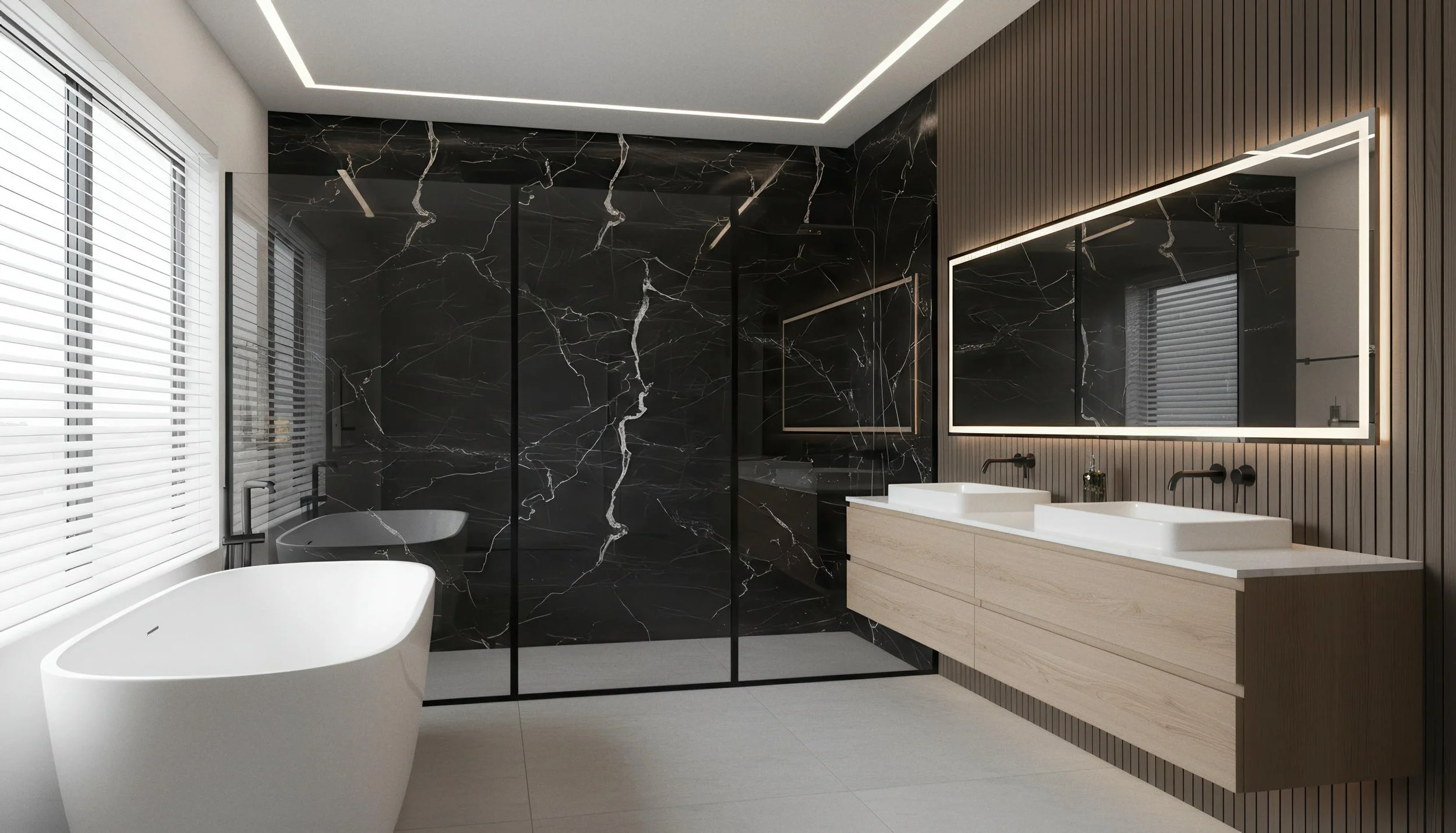 Modern Bathroom With Ararat Lightning Black 4x9 & 5x10 Porcelain Slab Shower Wall | CIERO INC