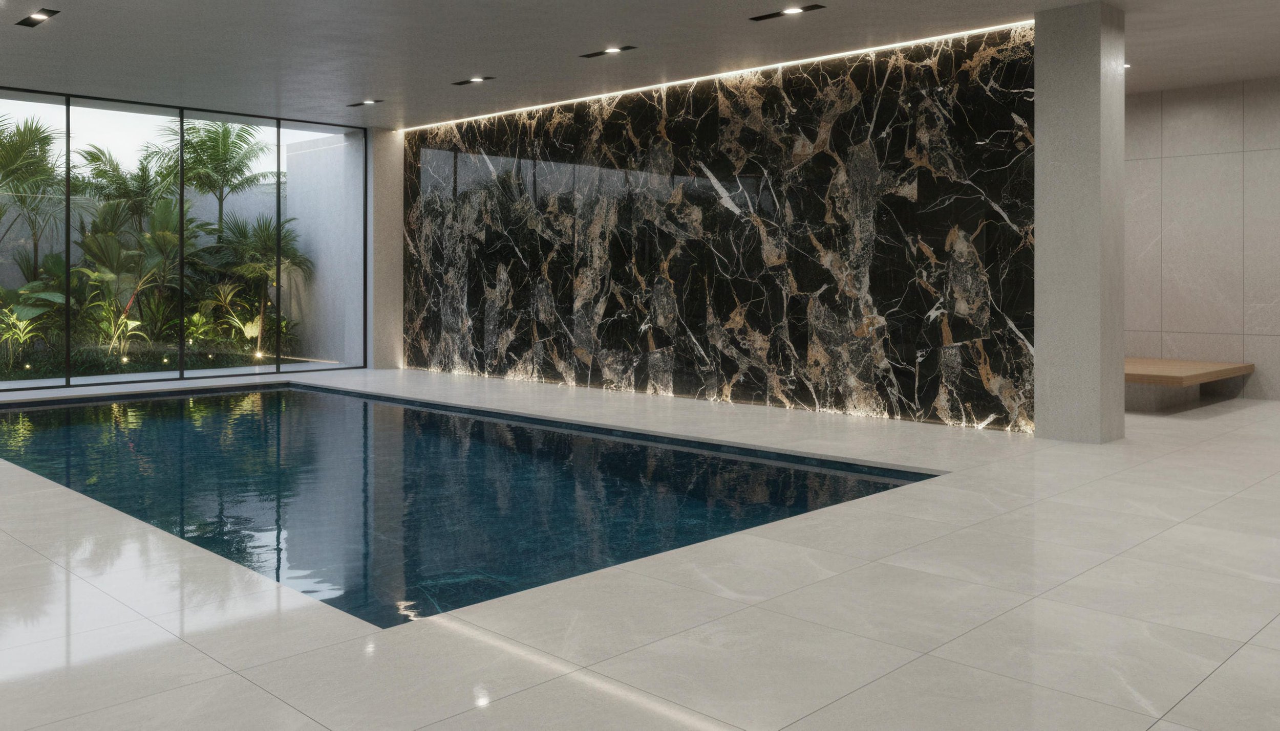Modern Indoor Swimming Pool With Ankara Golden 5x10 Porcelain Slab Feature Wall| CIERO