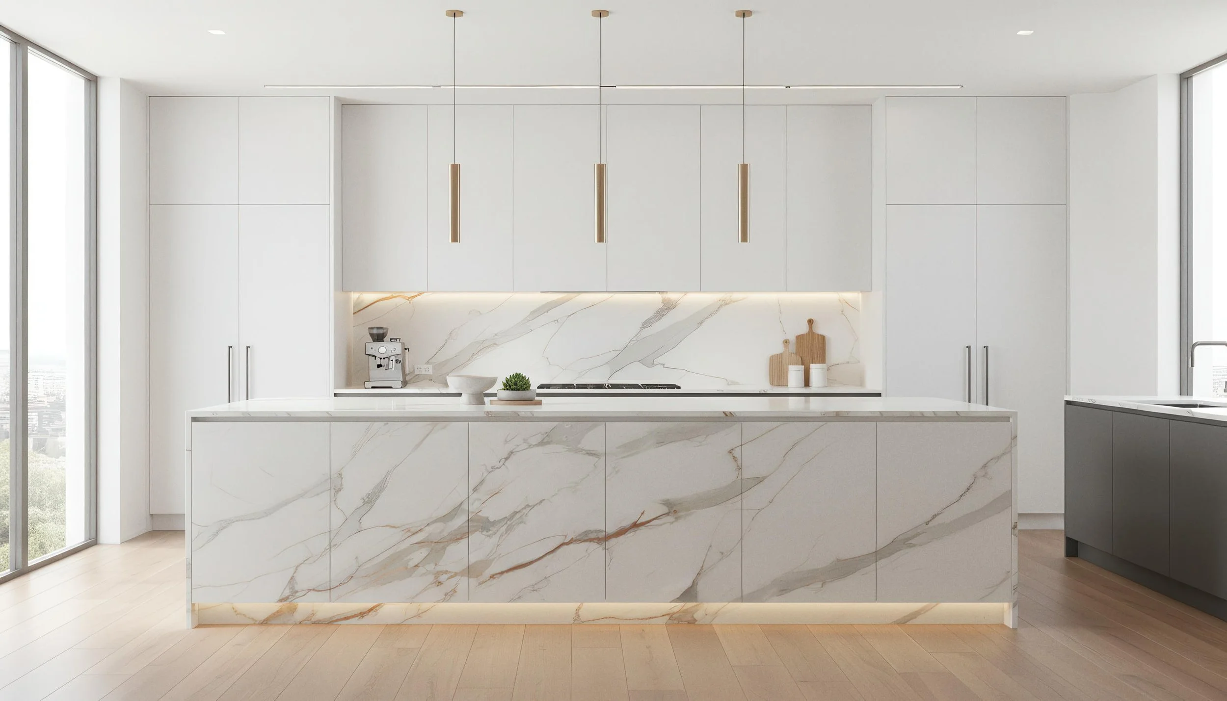 Modern Kitchen With Viola Gold 4x9 Porcelain Slab Island & Backsplash | CIERO