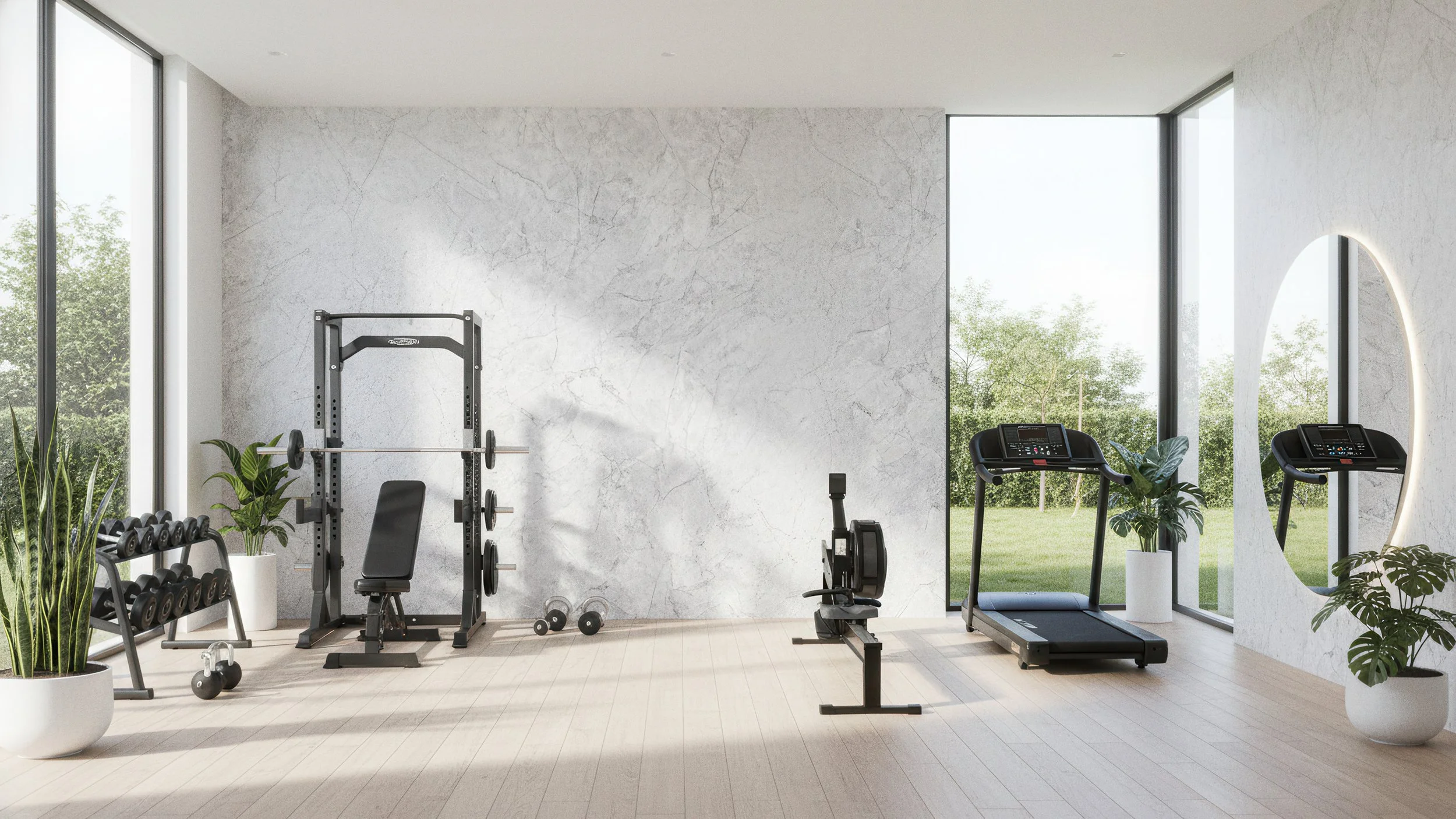 Modern Indoor Gym With Super White Porcelain Slab Feature Wall from CIERO INC