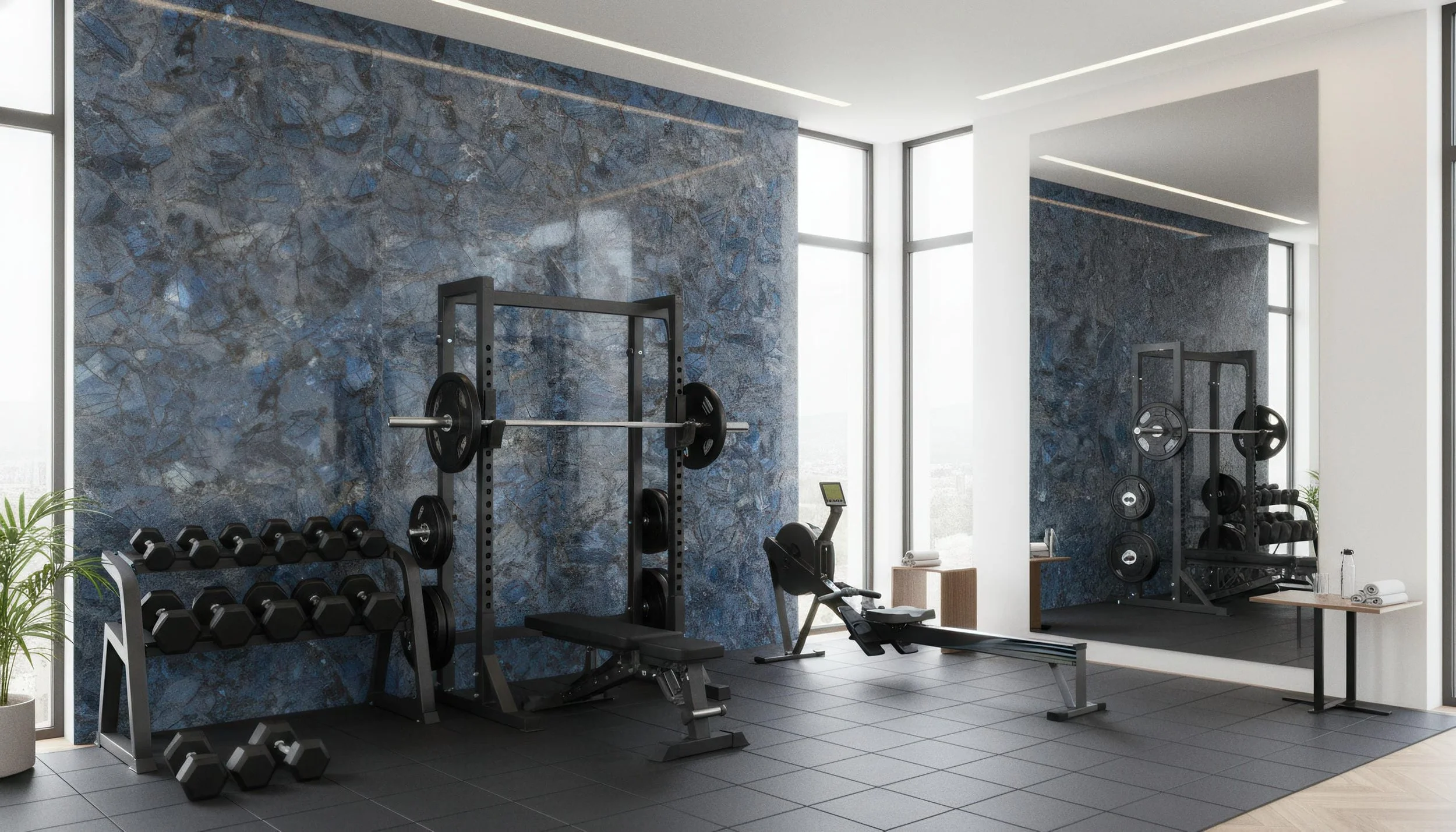 Modern Home Gym with Opal Storm 5x10 Porcelain Slab Featurewall| CIERO