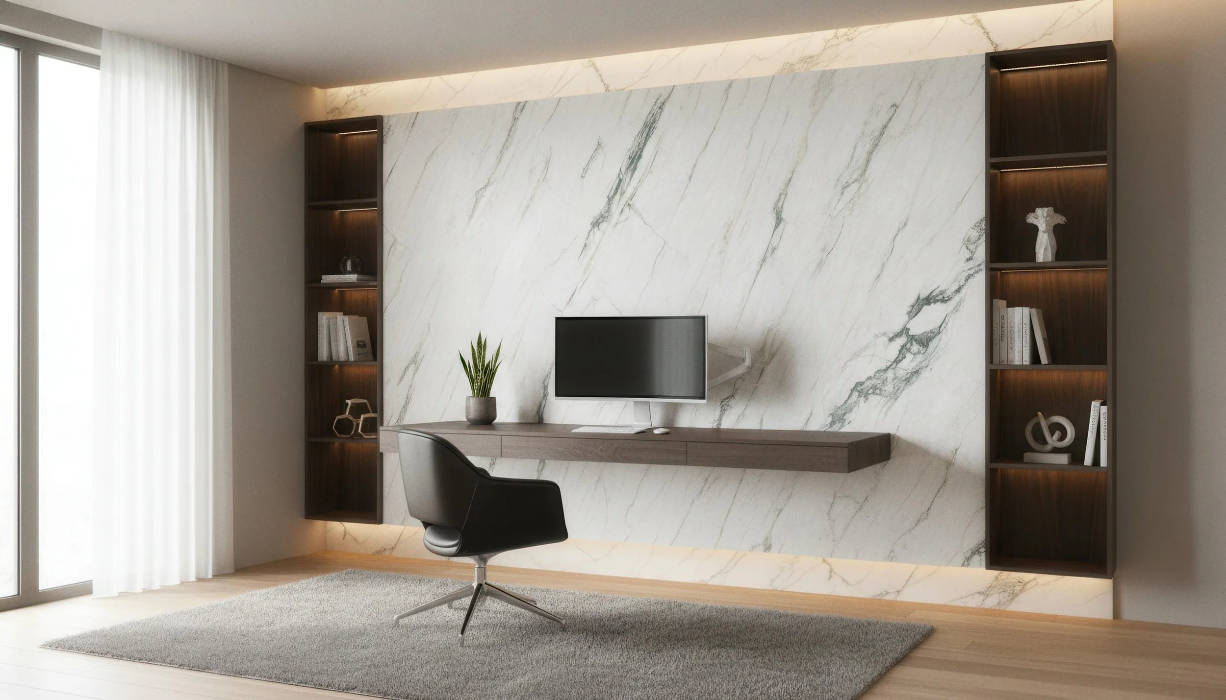 Modern Home Office with Calacatta Verde 5x10 Porcelain Slab Feature wall| CIERO