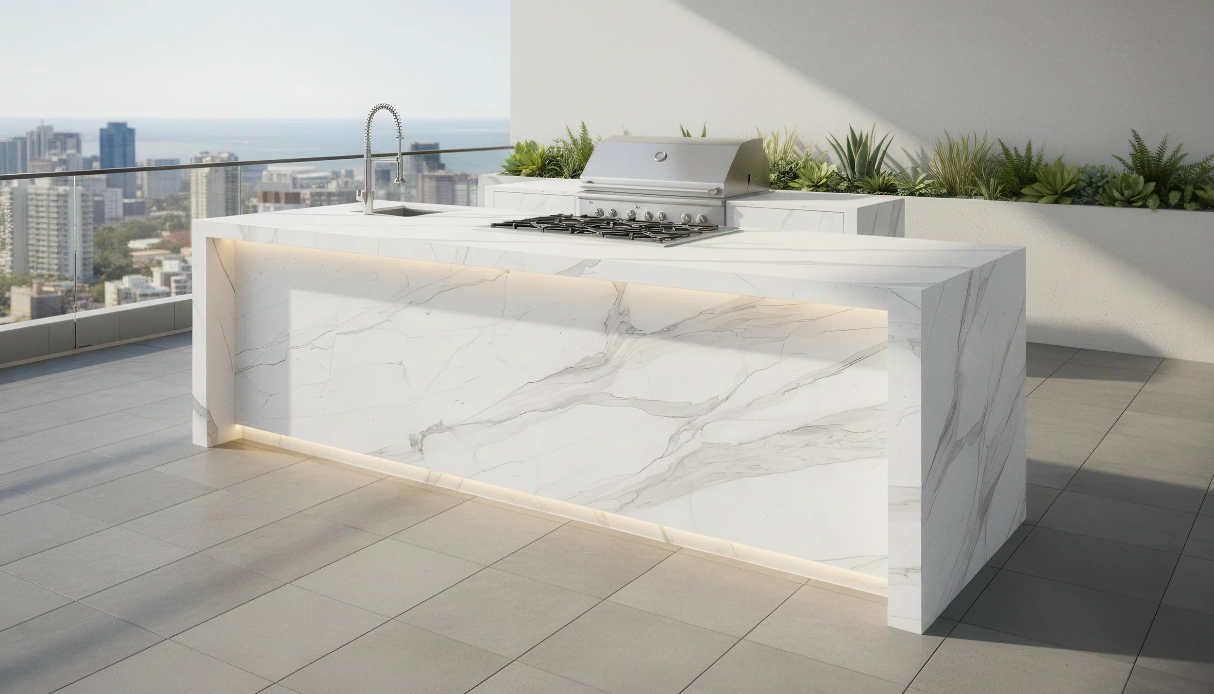Modern Outdoor Kitchen With Tuscany White 5x10 Porcelain Slab Island | CIERO INC