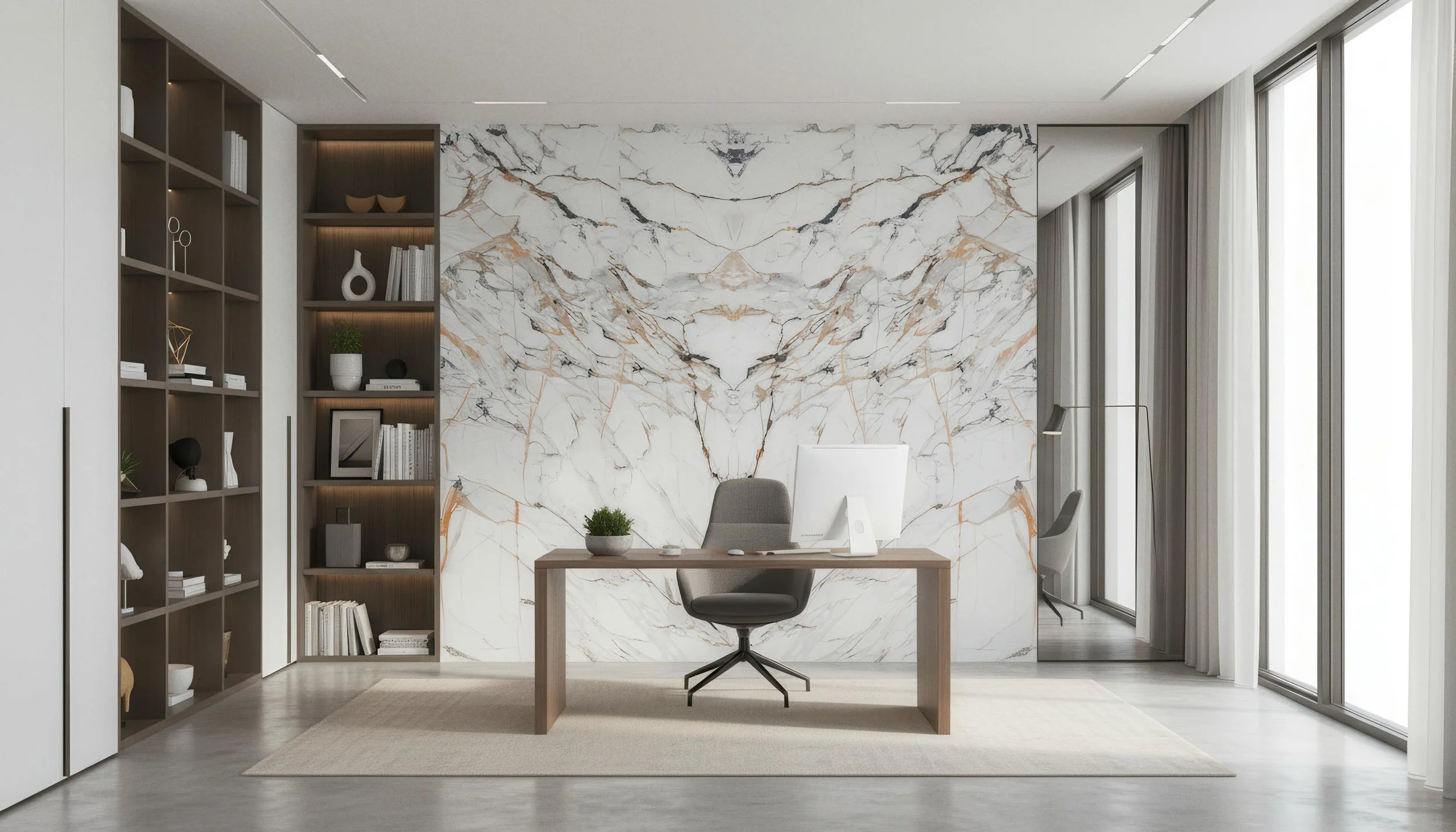Modern Home Office Setup With Gilt Year 4x9 Porcelain Slab Accent Wall | CIERO INC