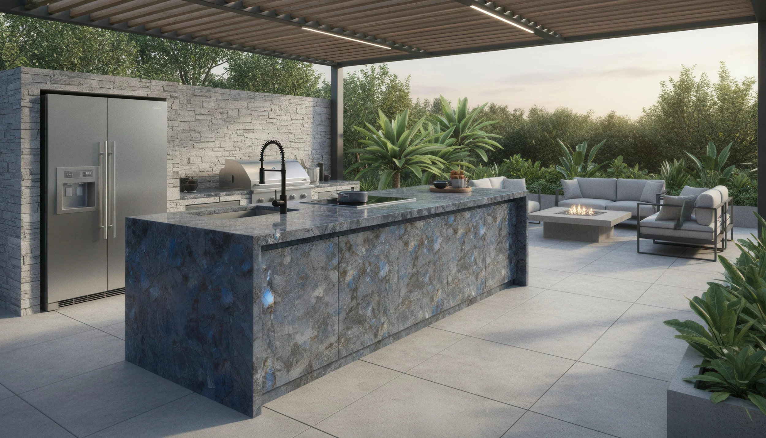 Modern outdoor Kitchen with Opal Storm 5x10 Porcelain Slab Island | CIERO