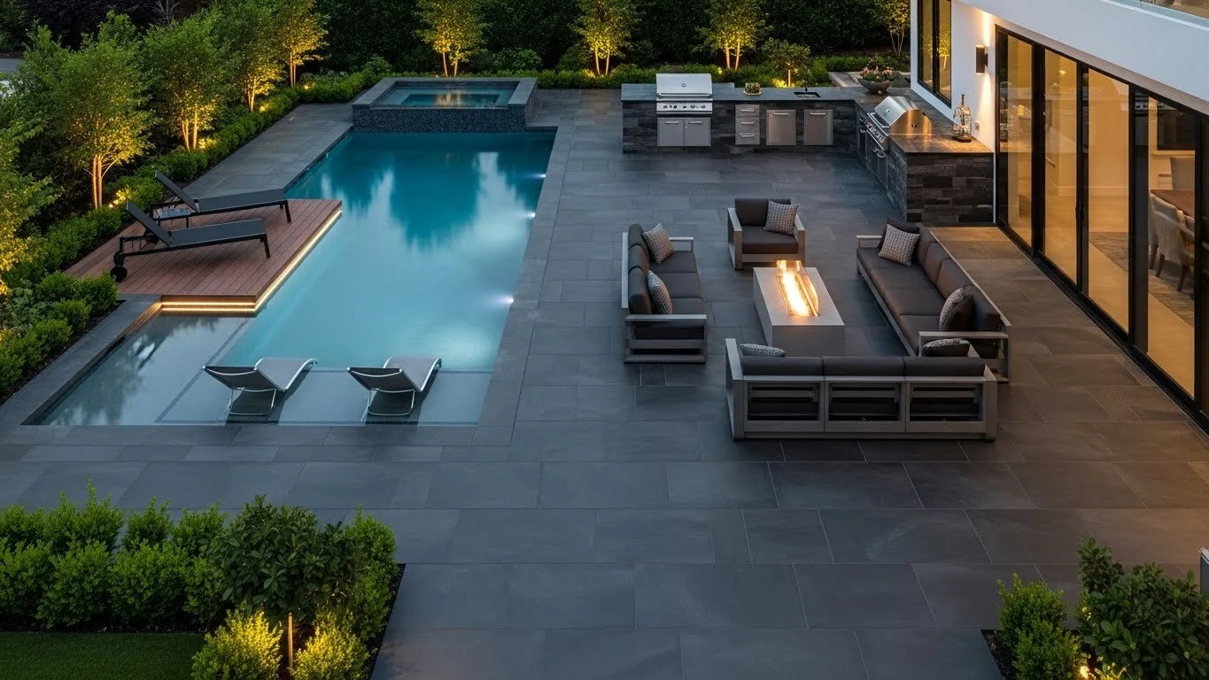 Modern Outdoor Backyard Scene with Porcelain Outdoor Pavers