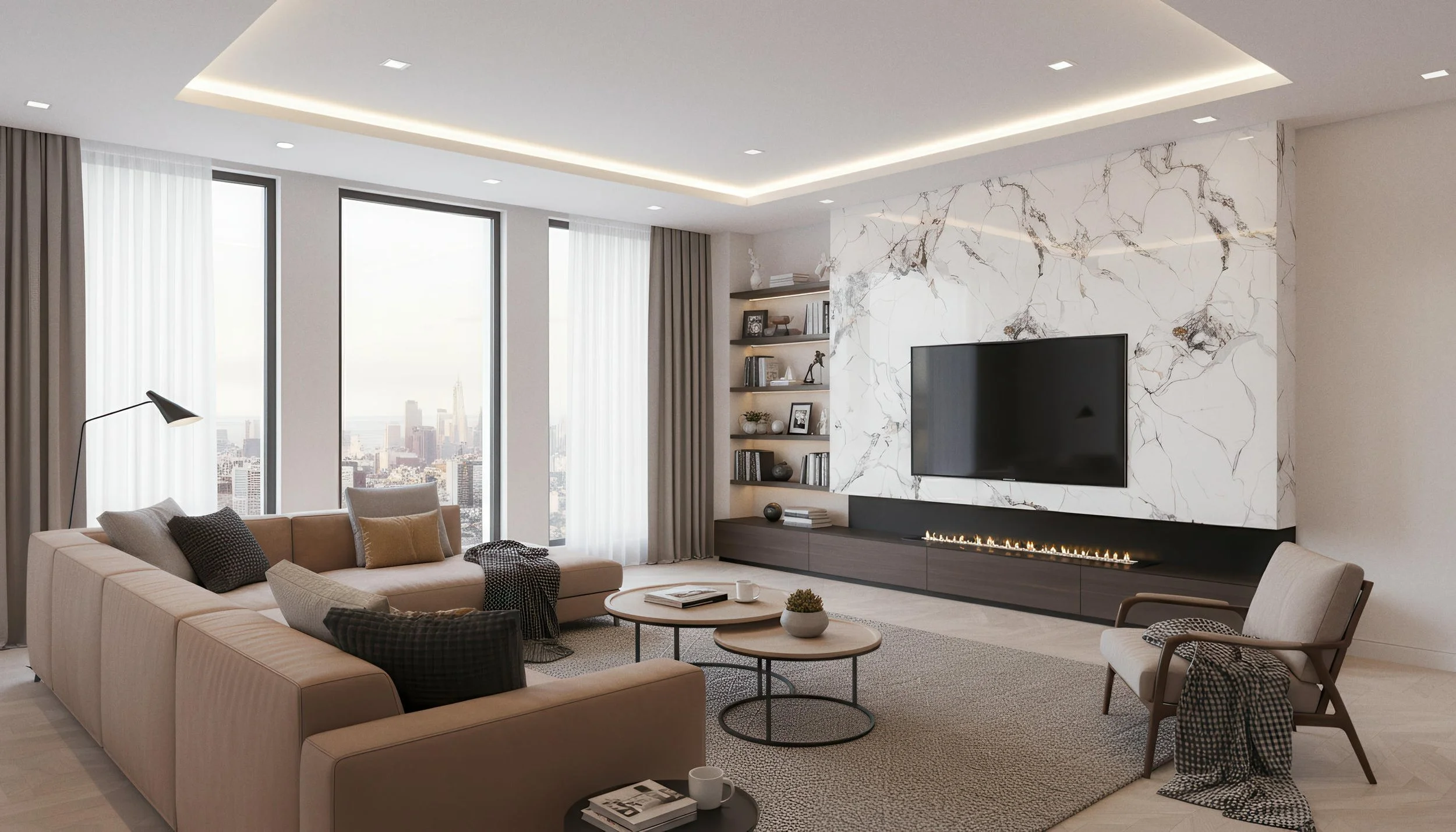 Modern Livingroom With Arden Gold 4x9 Porcelain Slab Fireplace Accent Wall | CIERO INC