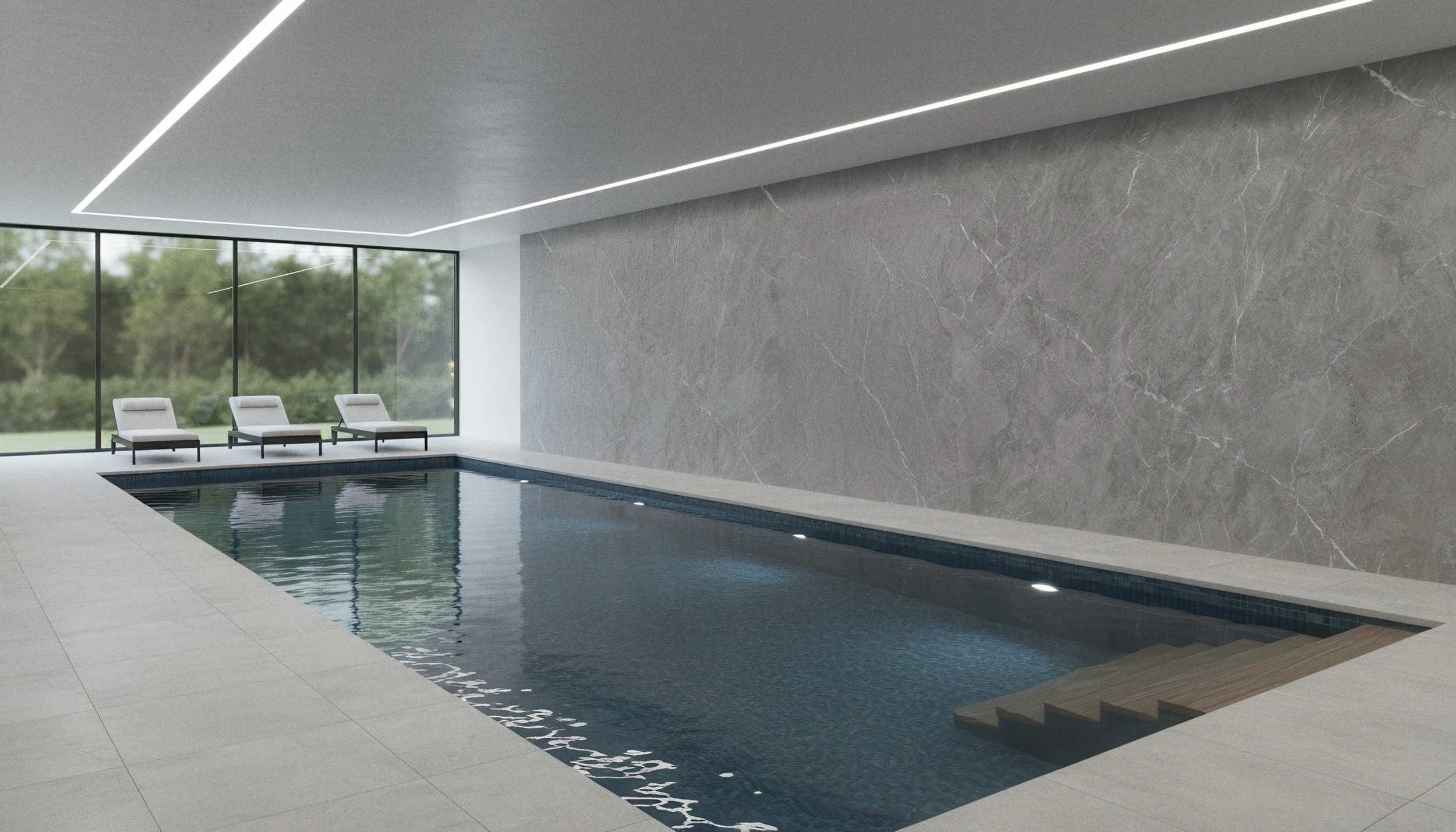 Modern Indoor Pool With Tempest 4x10 Porcelain Slab Feature wall | CIERO