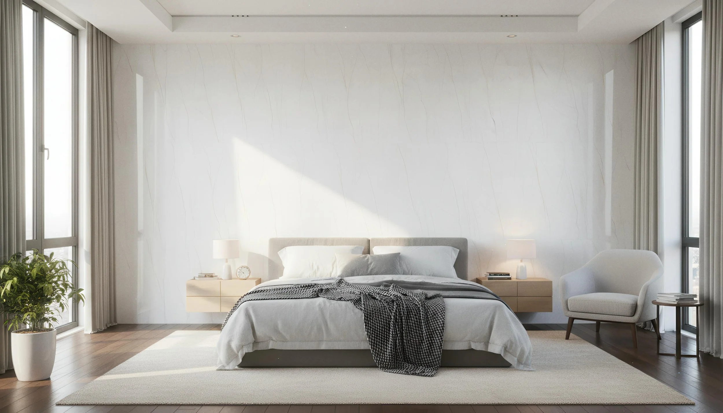 Modern Bedroom With Statuario Pearl 4x9 Porcelain Slab Accent Wall | CIERO