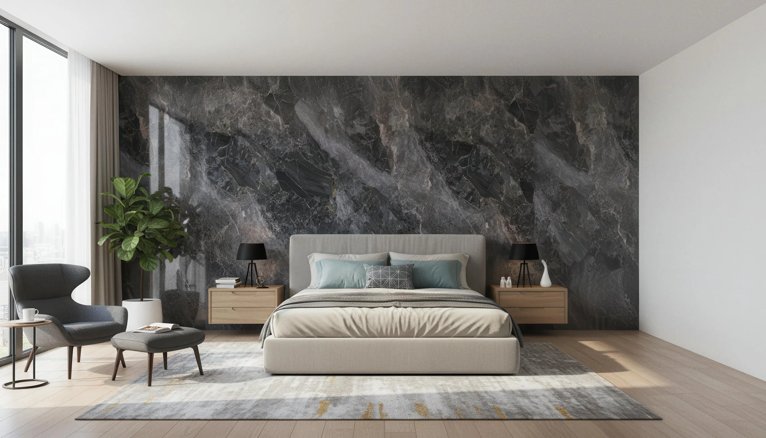 Modern Bedroom With Galaxy 4x9 Porcelain Slab Feature Wall | CIERO INC