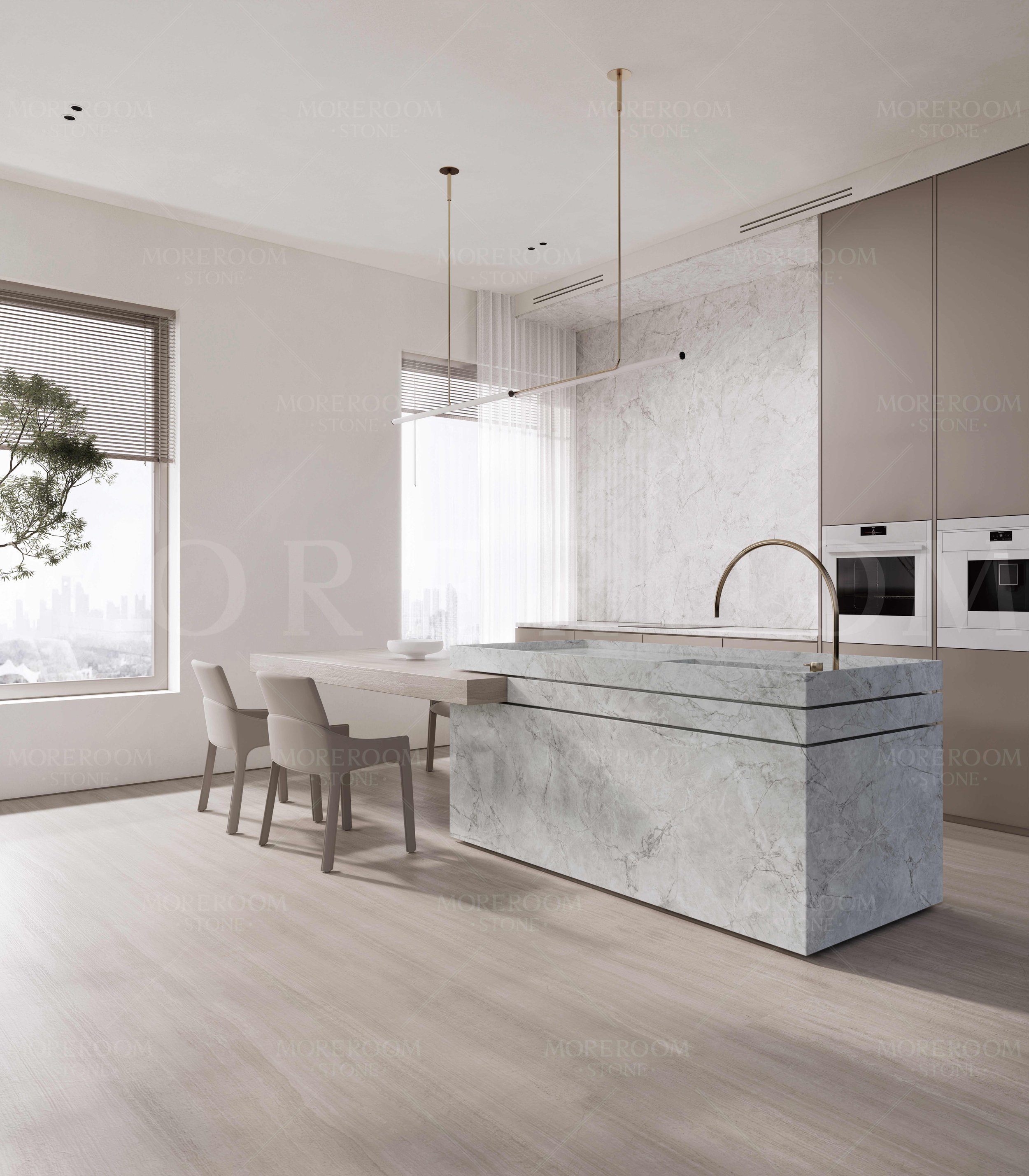 Modern Condo Kitchen with Super White Porcelain Slab from CIERO