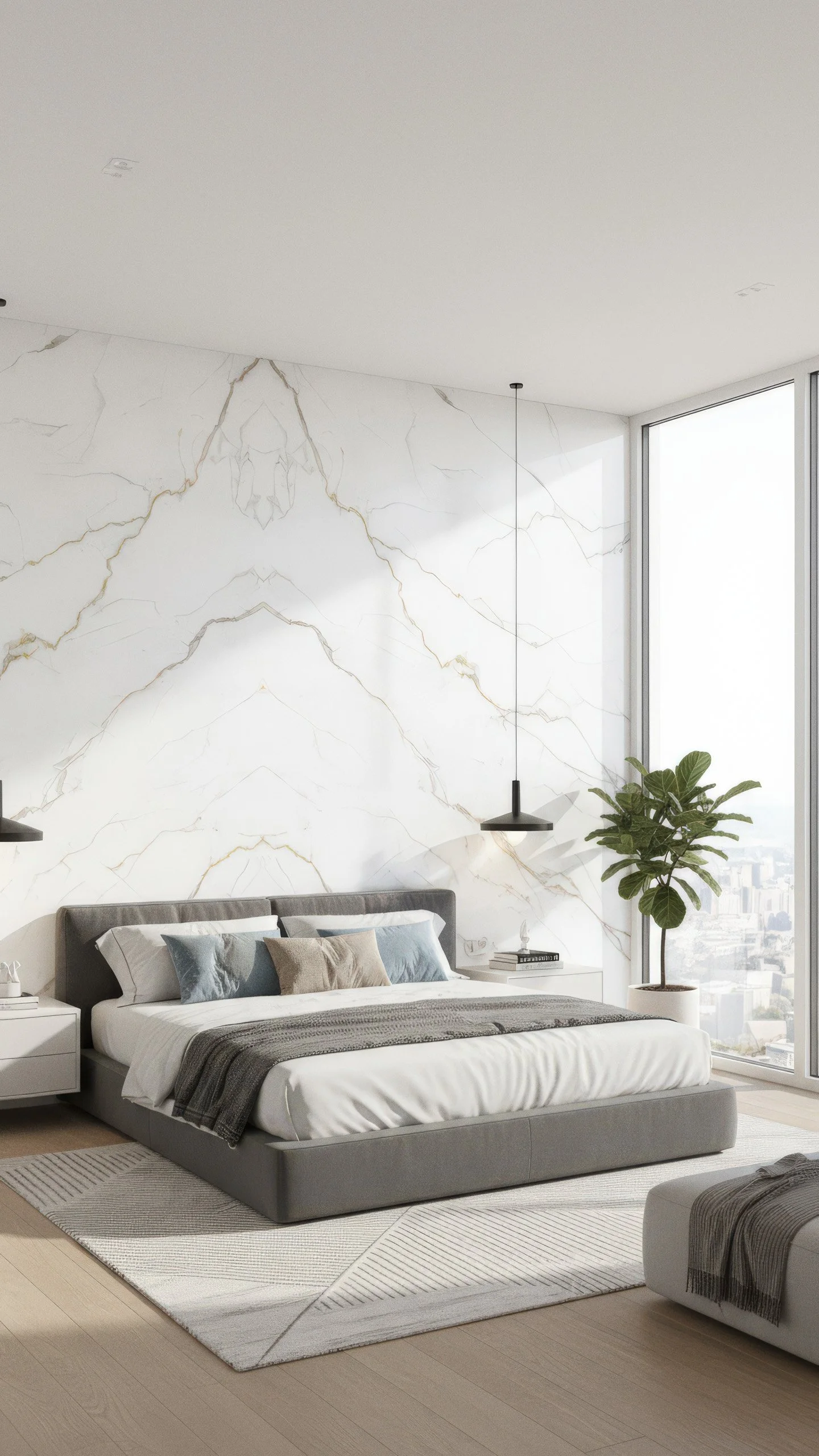 Modern penthouse bedroom with calacatta polido porcelain slab featurewall in bookmatch design