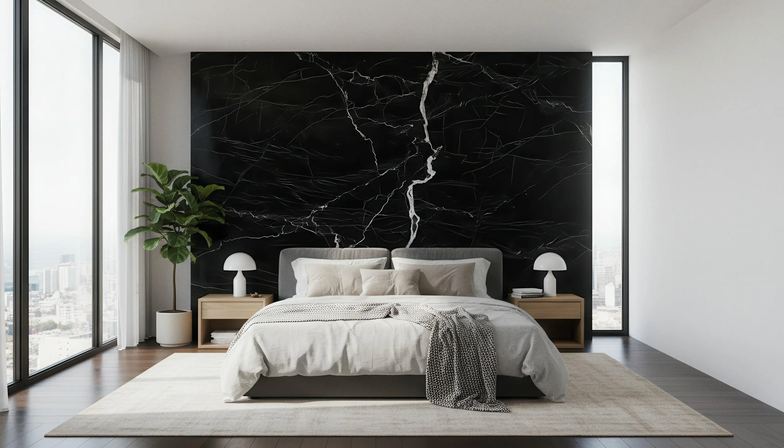 Modern bedroom With Ararat Lightning Black 4x9 & 5x10 Porcelain Slab Accent Wall | CIERO INC
