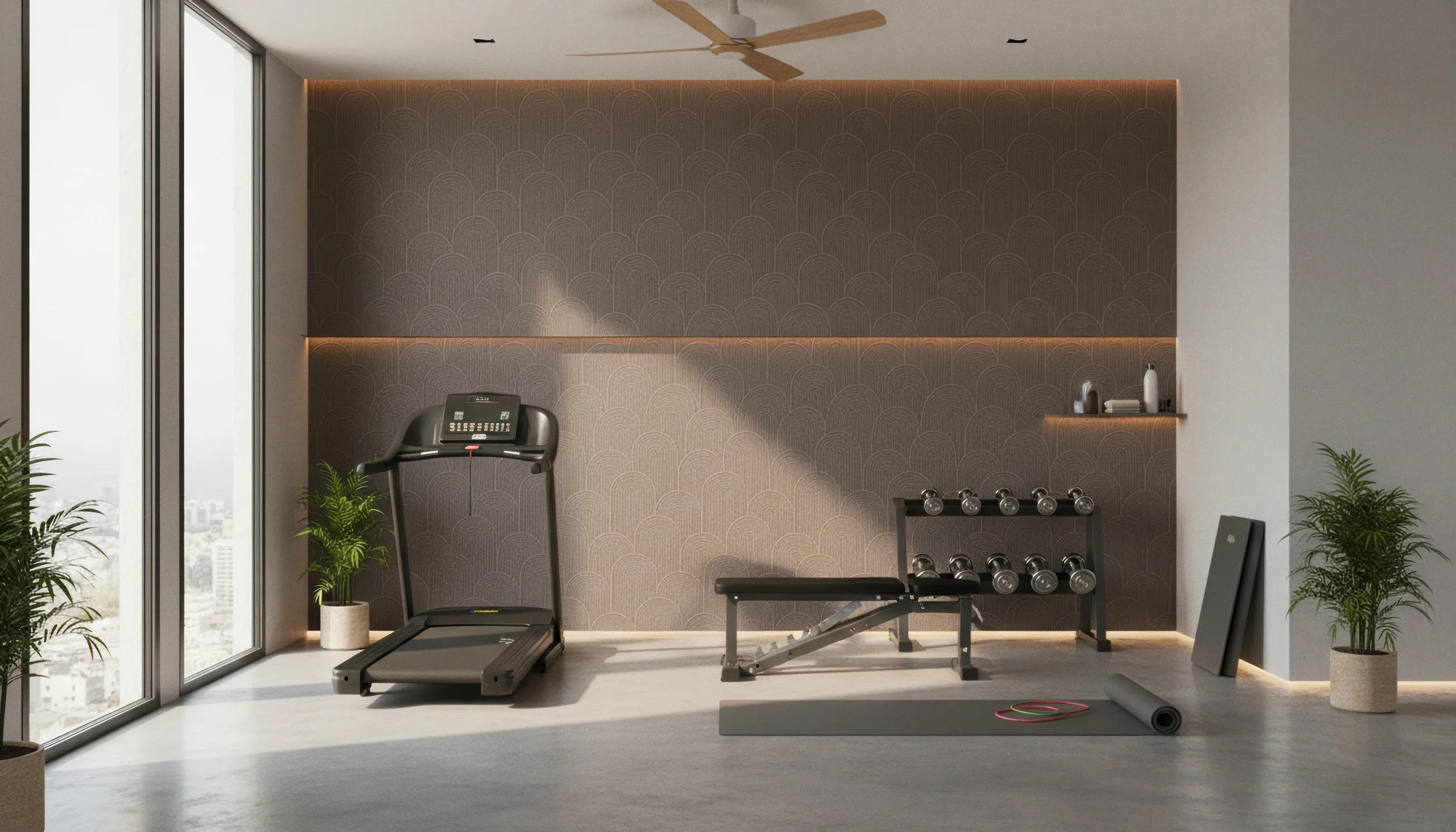 Modern Home Gym Setup With Zen Crest Opal 80cm x 260cm Porcelain Slab Accent Wall | CIERO