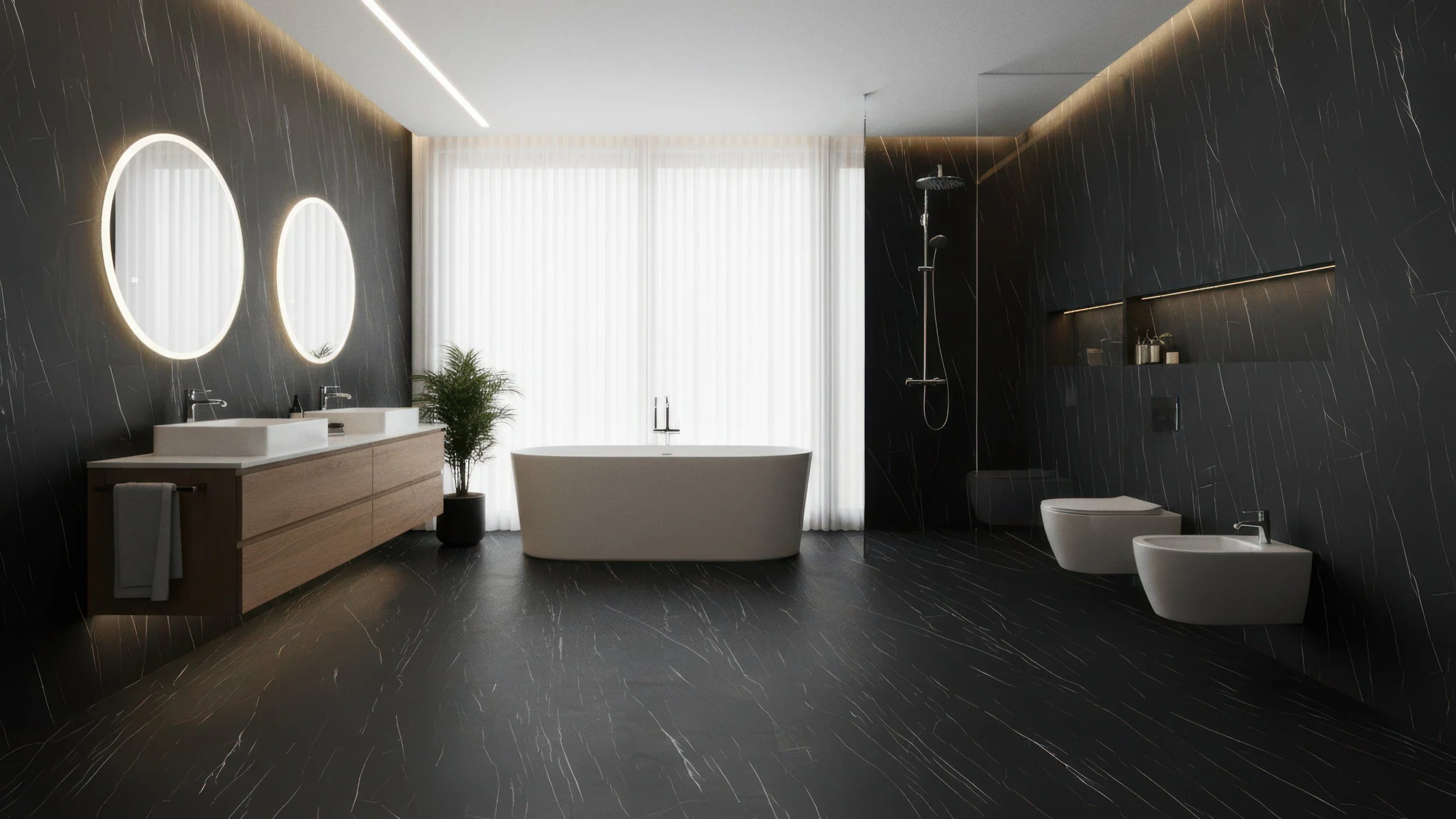 Modern Bathroom with dark floors and walls made from Laminam Nero Marquina Porcelain Slab