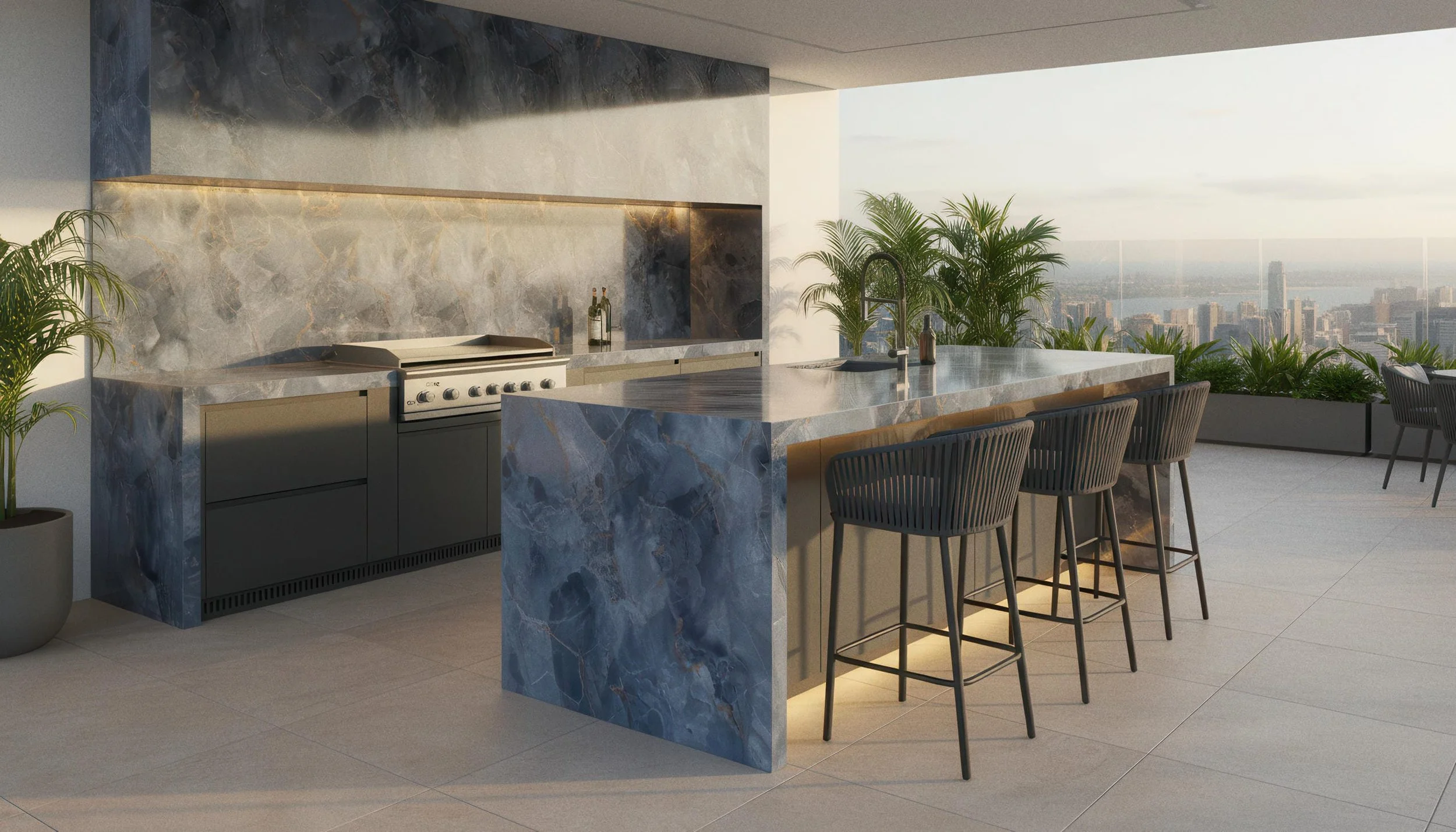 Modern Outdoor Kitchen With Onyx Neptune 4x10 Porcelain Slab Island & Backsplash | CIERO