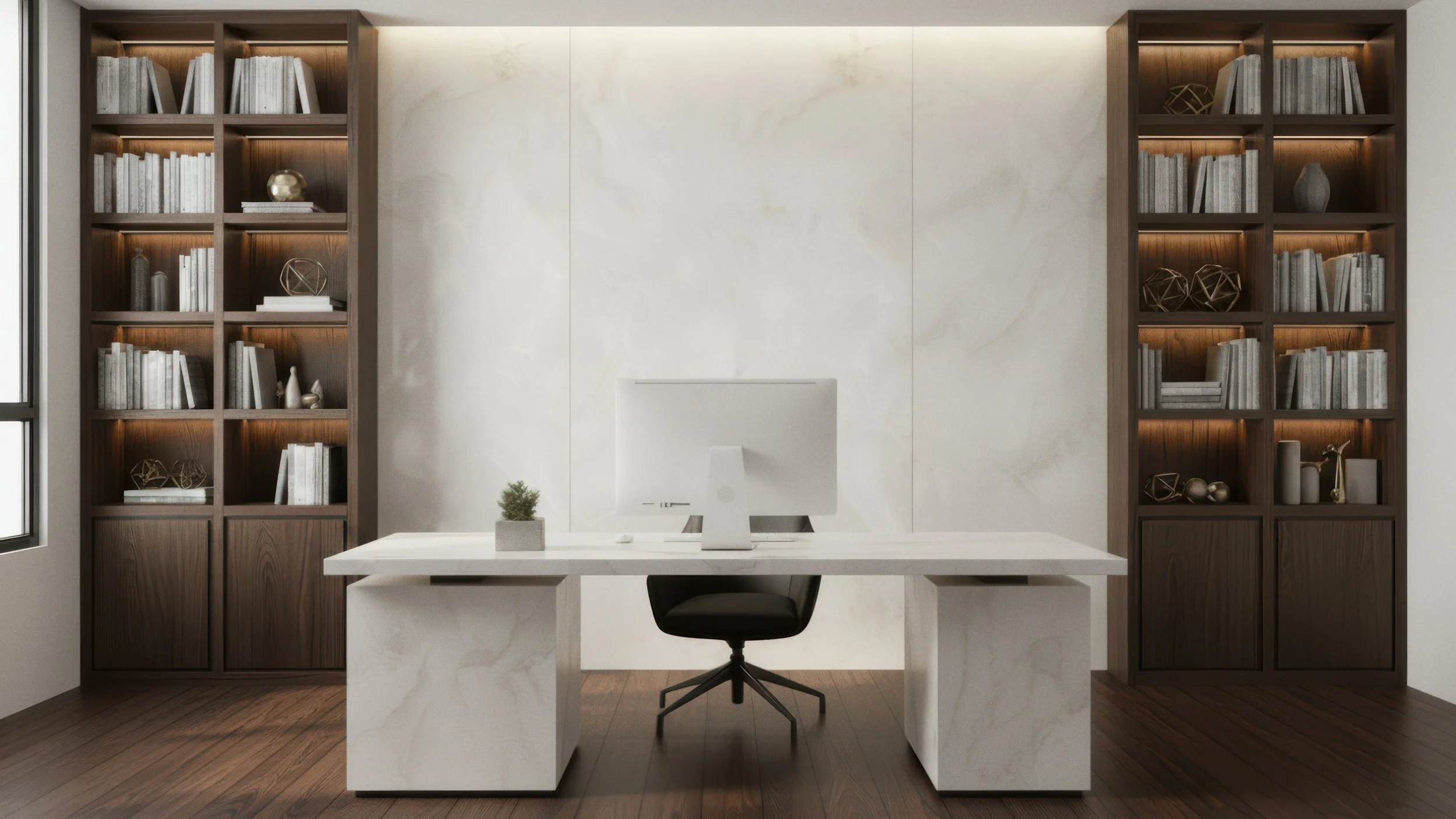 modern Home Office With dark engineered wood flooring and porcelainn slab statement wall between 2 bookshelfs using CIERO's White Onyx Porcelain Slab Design in the wall and the desk