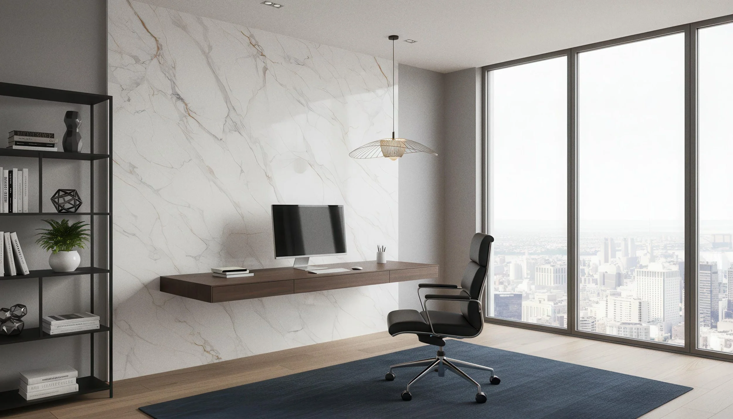 Modern Home Office with Prestige 4x10 Porcelain Slab Feature Wall| CIERO