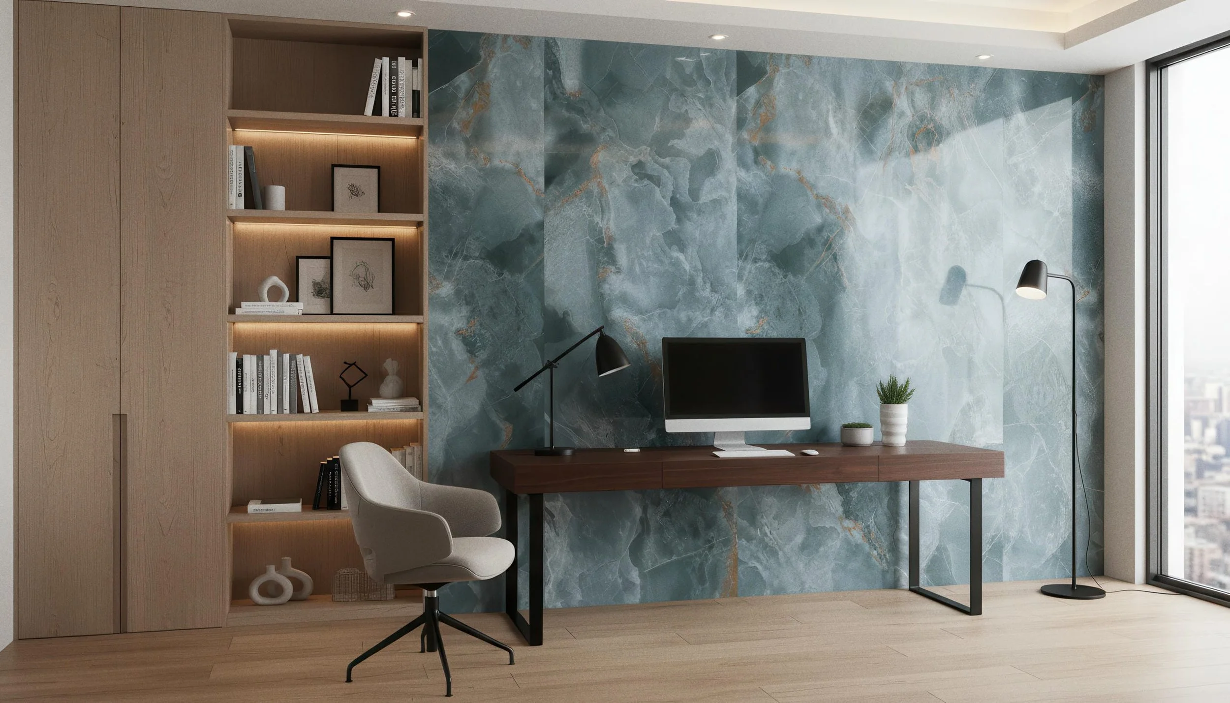 Modern Home Office With Onyx Jade 4x10 Porcelain Slab Feature Wall | CIERO