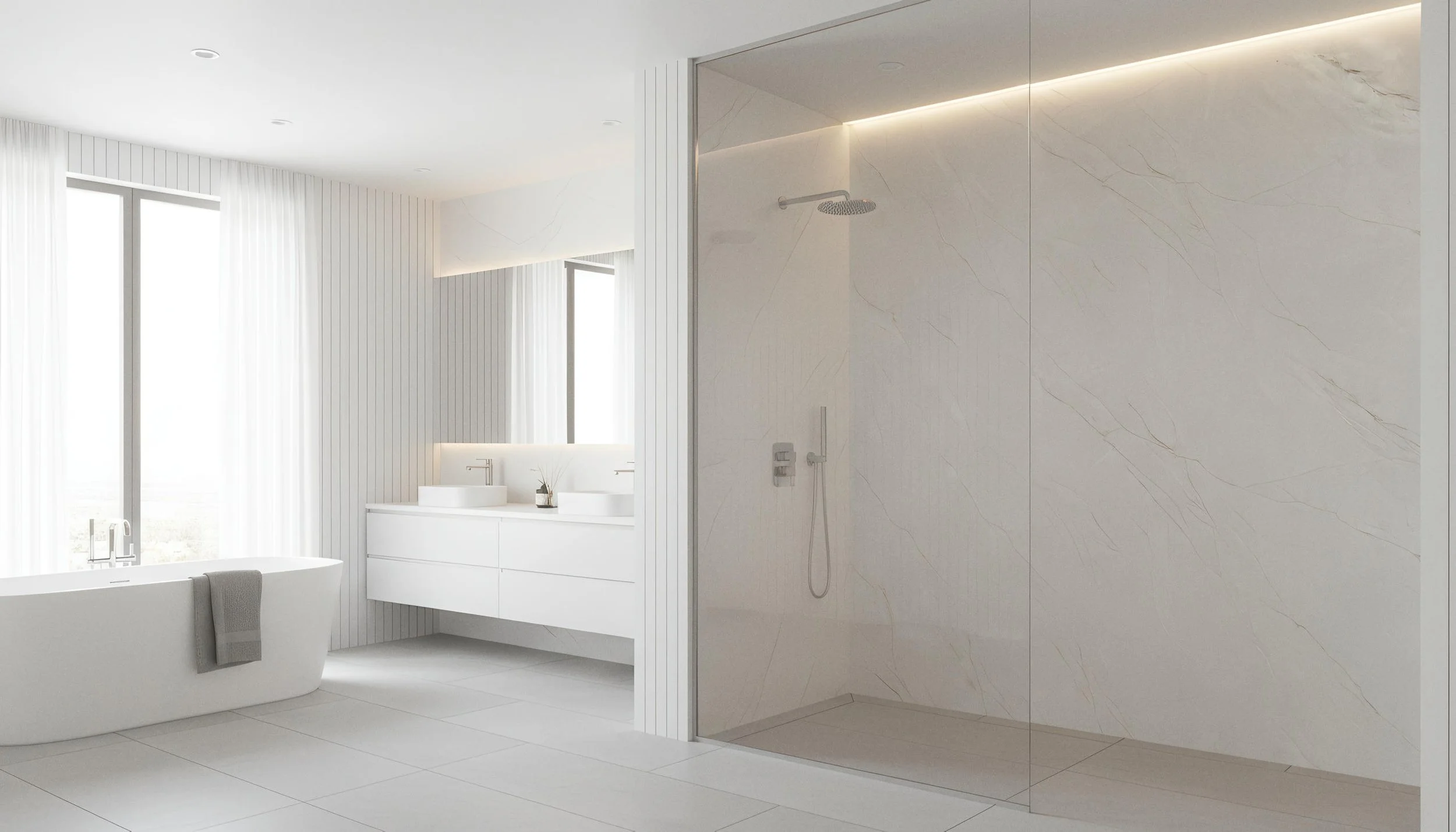 Modern Bathroom With White Jade 4x9 Porcelain Slab Shower Wall | CIERO INC