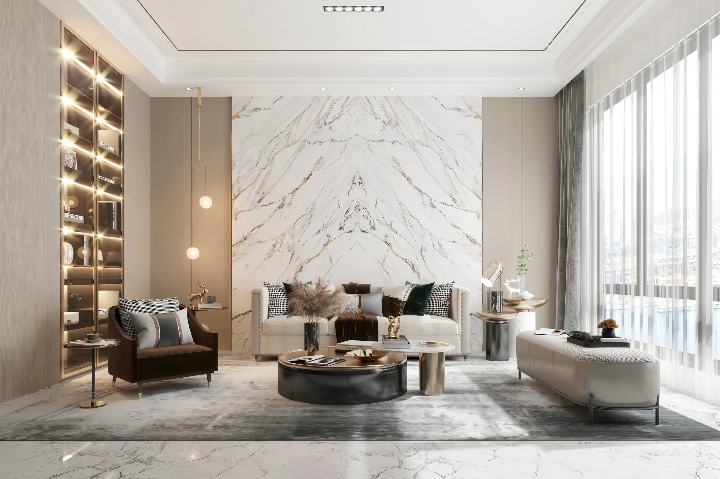 Modern Lobby With Gilt Year 4x9 Porcelain Slab | CIERO INC