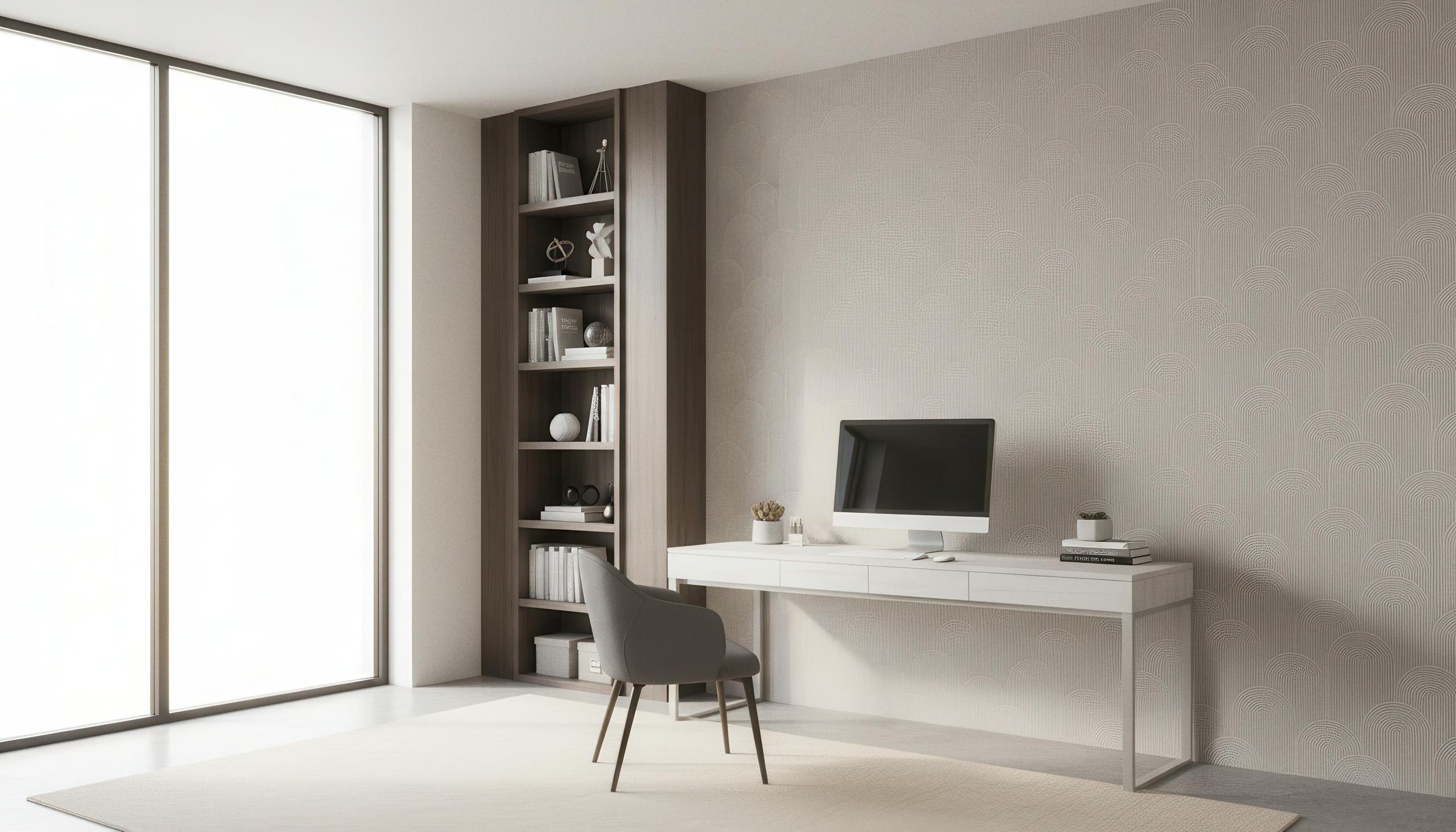 Modern Home Office Setup With Zen Crest Pearl 80cm x 260cm Porcelain Slab Accent Wall | CIERO