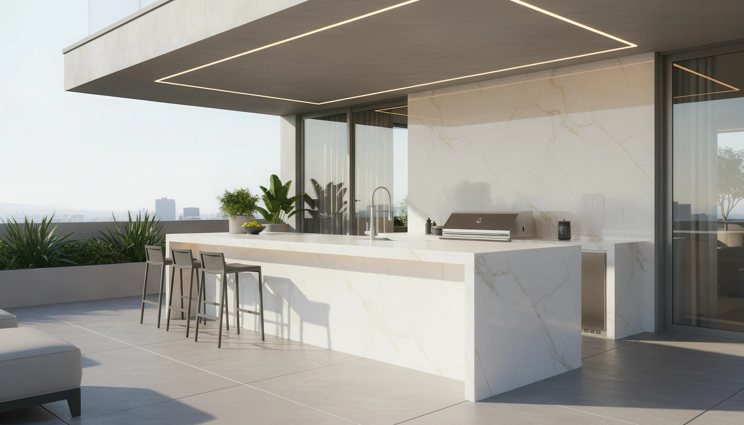 Modern Outdoor Kitchen With Ice Crystal 4x8 Porcelain Slab Island | CIERO
