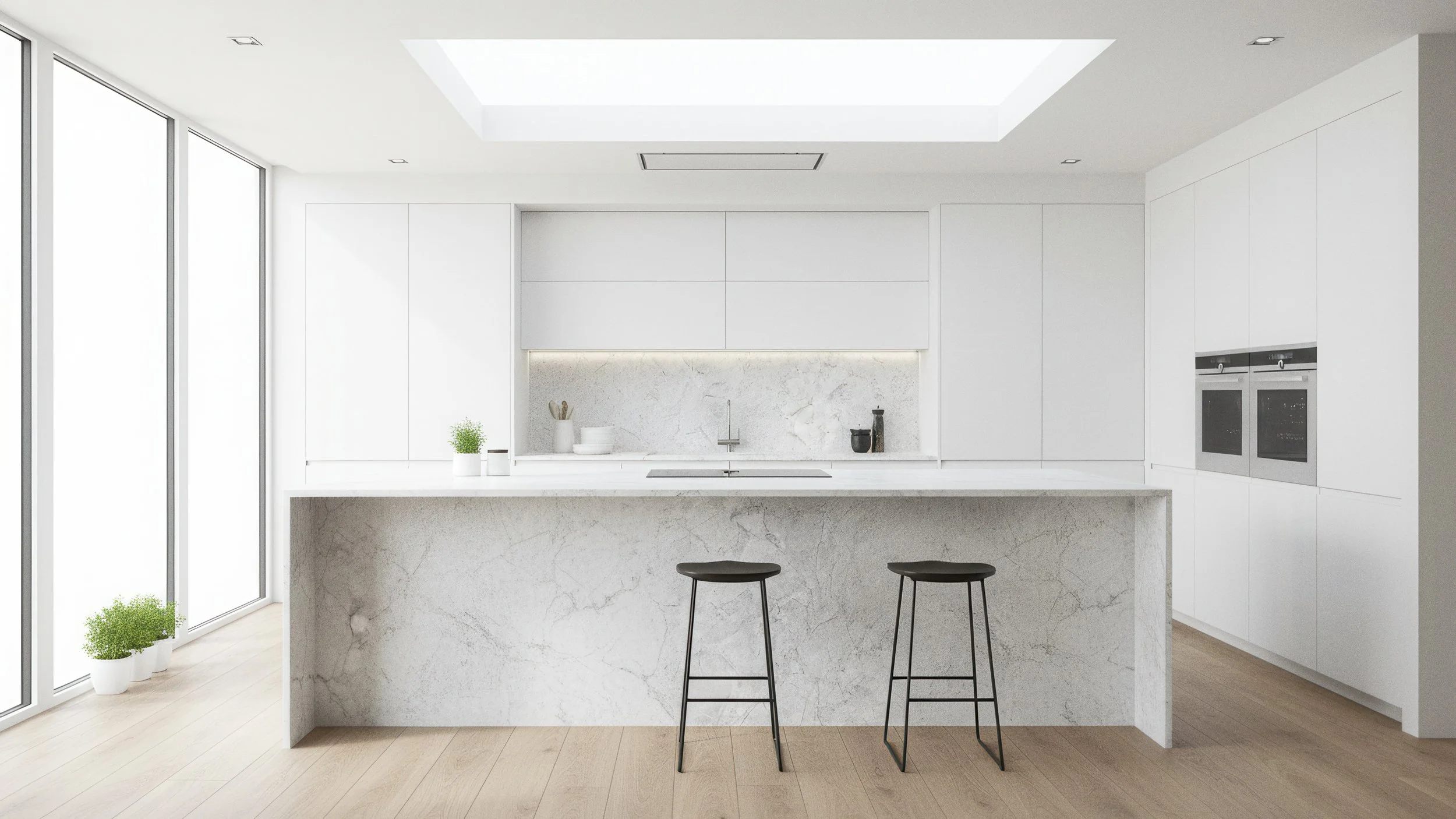 Modern House Kitchen With Kitchen Island Made From Super White Porcelain Slab 5x10 from CIERO INC