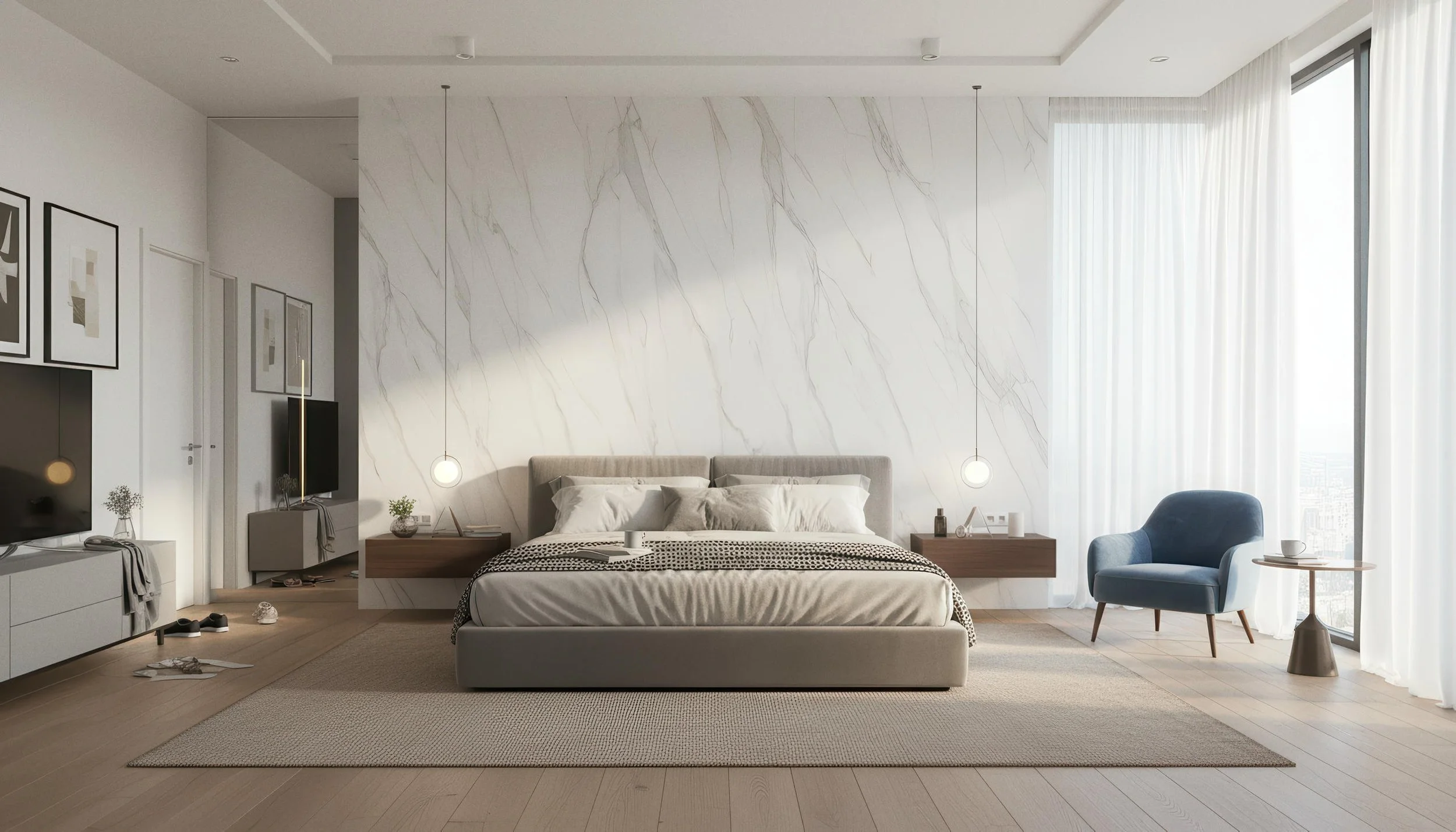 Modern Bedroom With Calacatta Nuvola 4x9 Porcelain Slab Accent Wall | CIERO