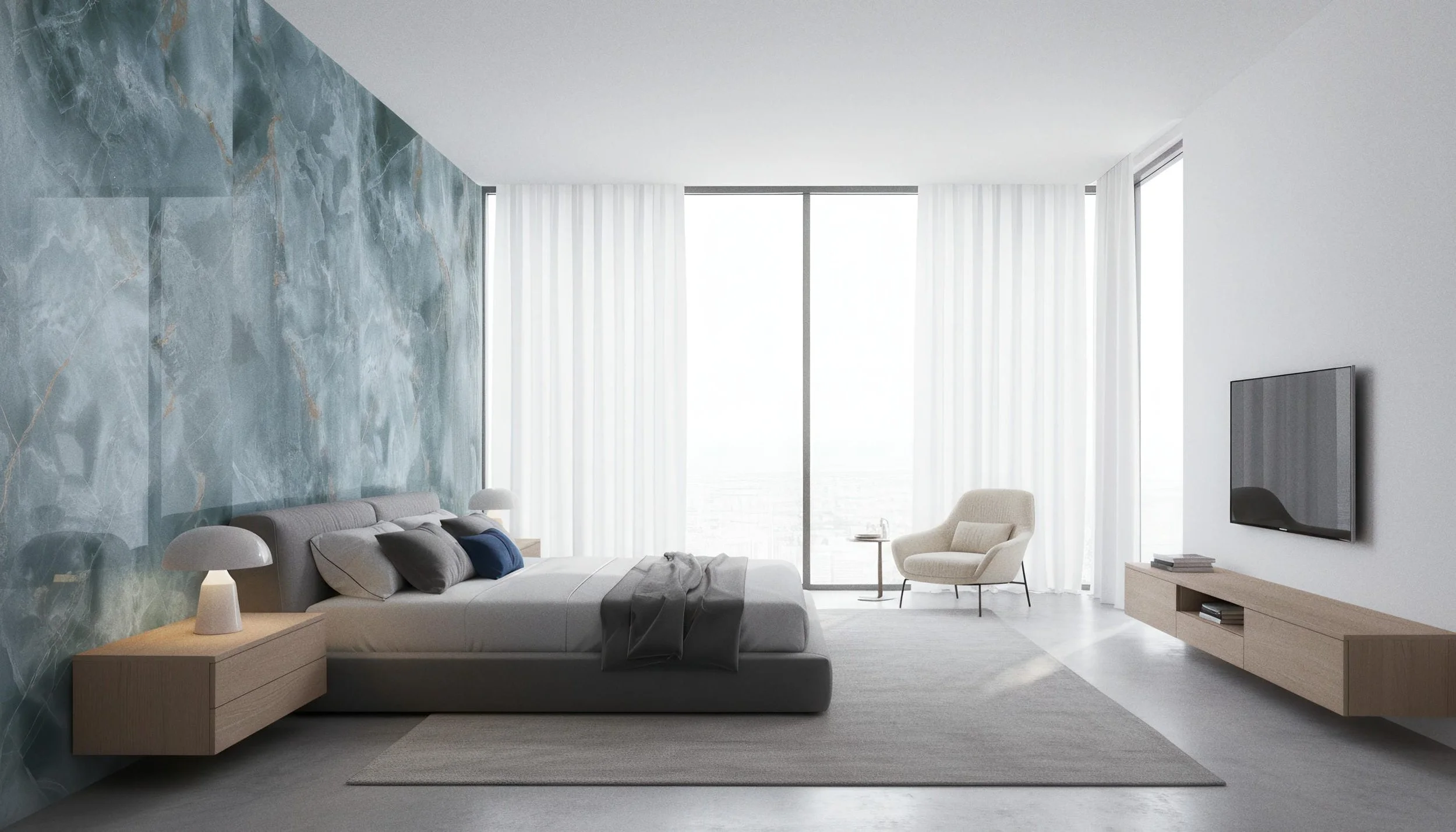 Modern Bedroom With Onyx Jade 4x10 Porcelain Slab Feature Wall | CIERO