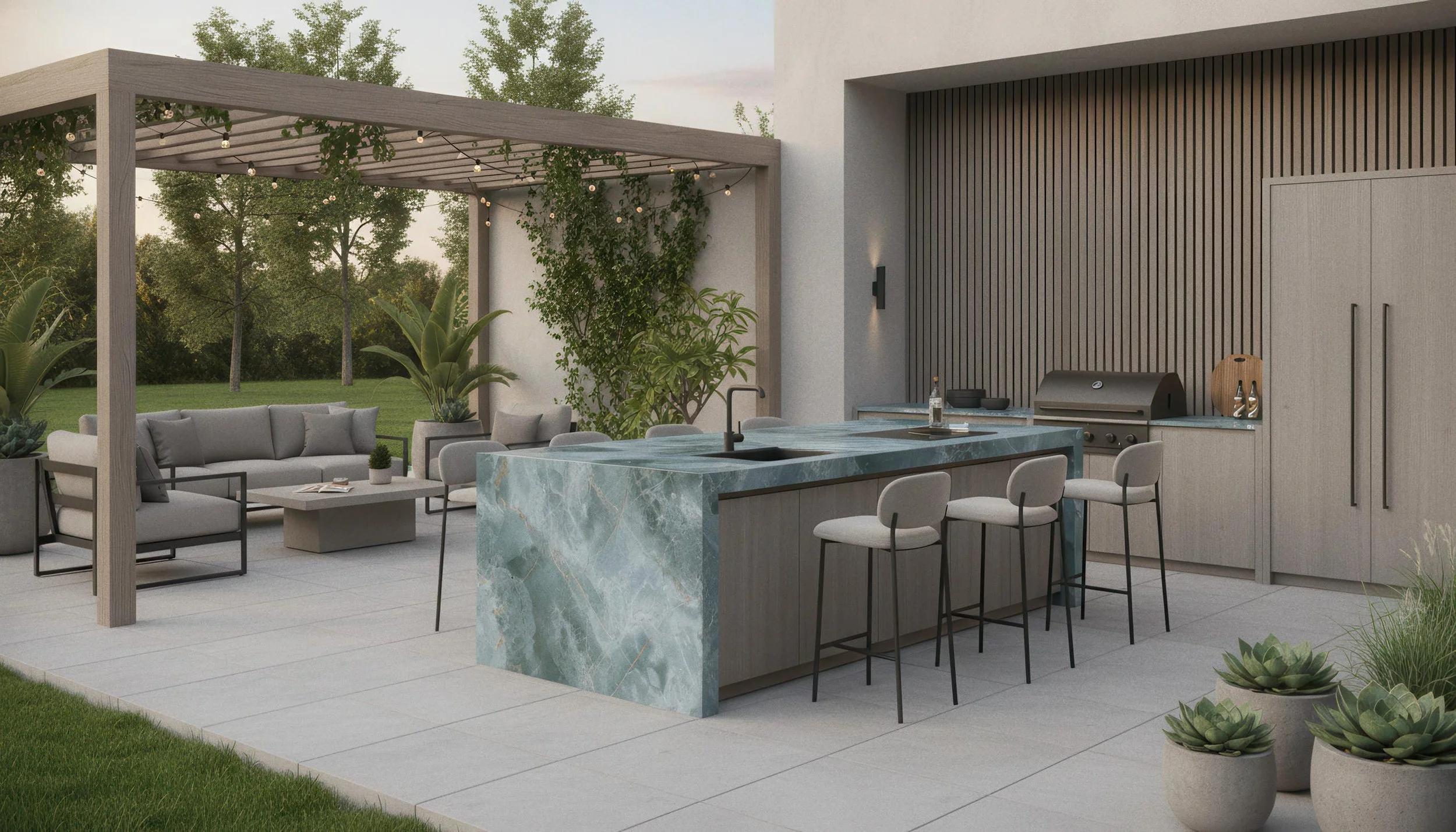 Modern Outdoor Kitchen With Onyx Jade 4x10 Porcelain Slab Island | CIERO