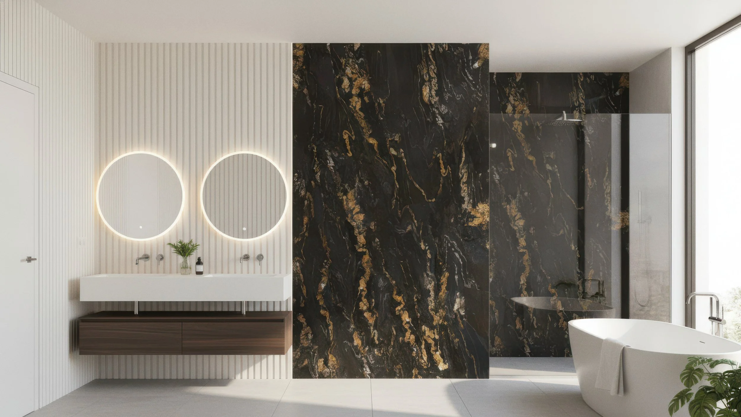 Modern Bathroom With Porcelain Slab Featurewall Using CIERO's Gold Damasgato Porcelain Slab