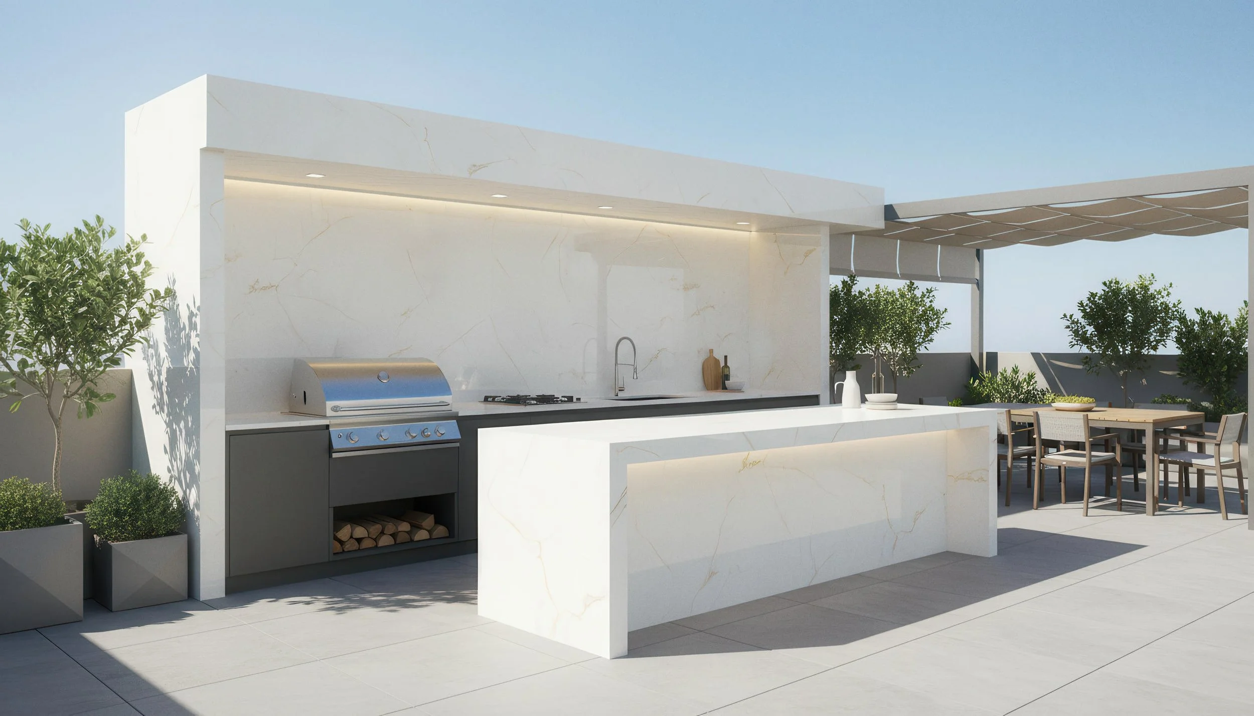 Modern Balcony Top Kitchen with Onyx Light 4x10 Porcelain Slab Island | CIERO