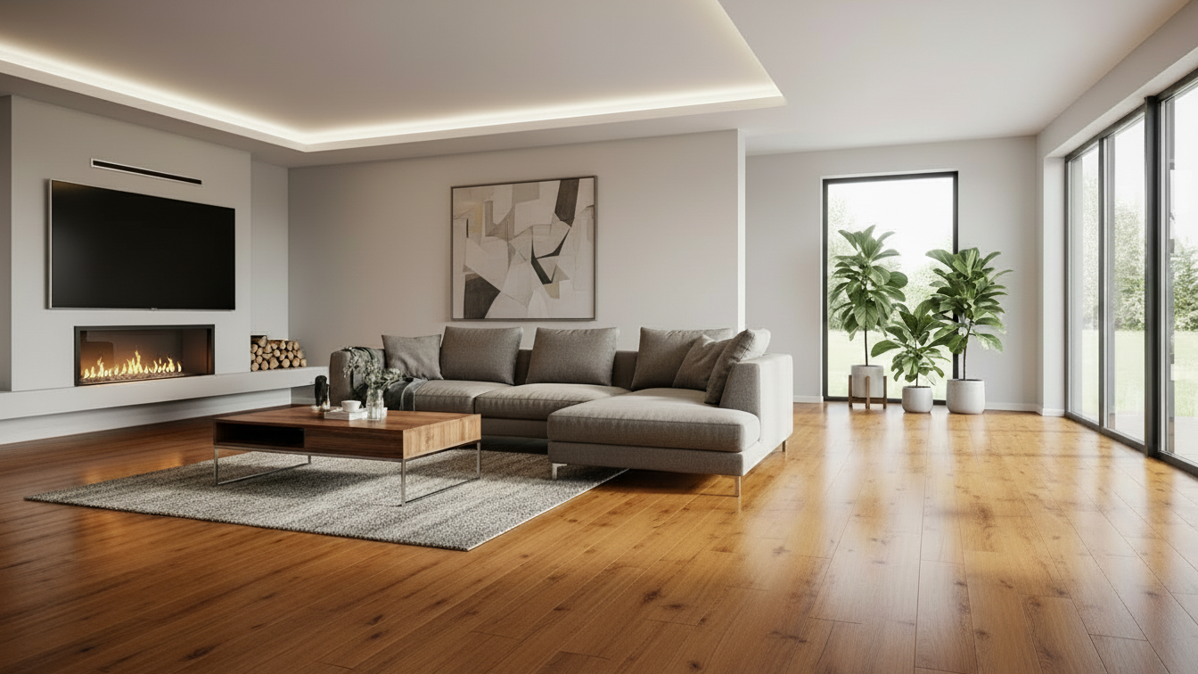 image of a large and modern livingroom with classing hardwood flooring with deep brown tones and knots