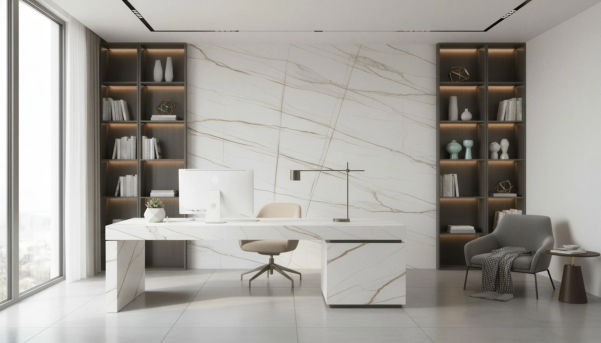 Modern Home Office With Laurent Gilded White Porcelain Slab 5x10 Accent Wall & Desk | CIERO INC